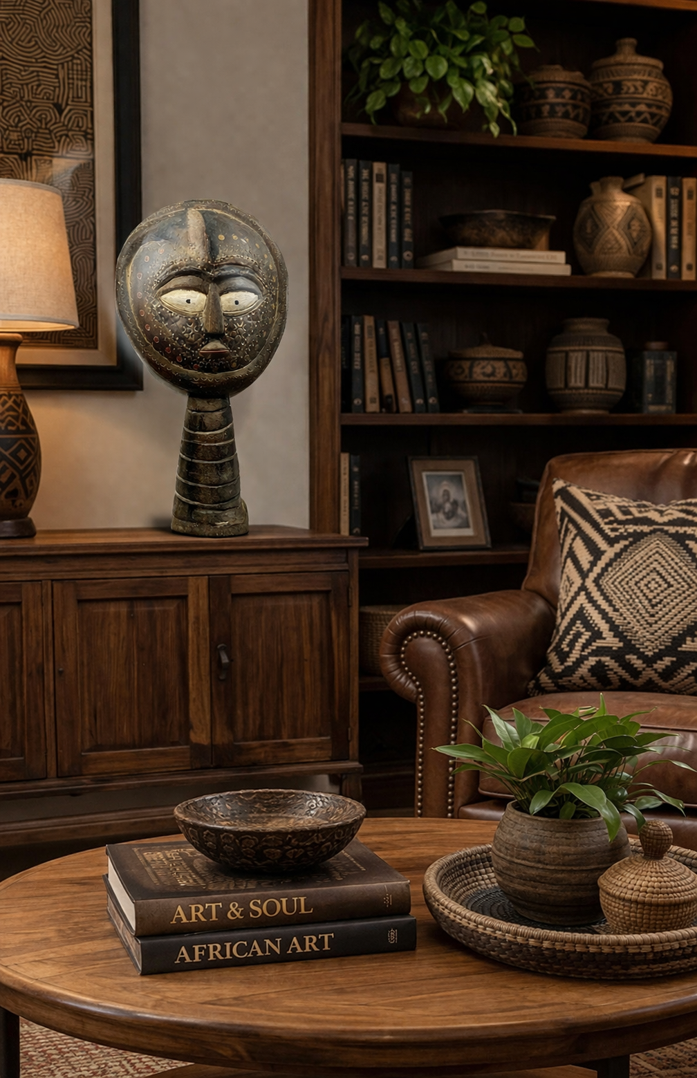 AFRICAN CARVED STATUE Tall Wood and Metal Face with Snake