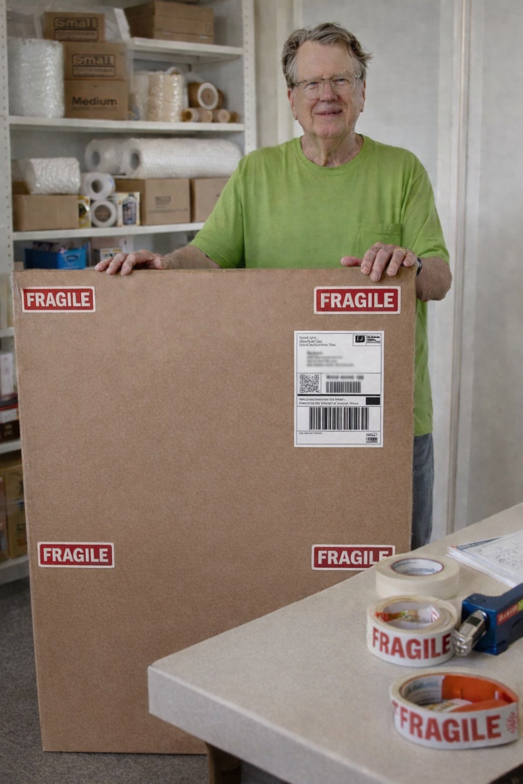 An elderly man in a green shirt holding a large cardboard box labeled 'Fragile' in a storage room.
