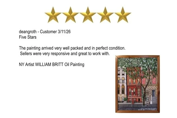 Customer review letter with five gold stars and an image of an oil painting of a city street scene with buildings and trees, signed by artist William Britt.