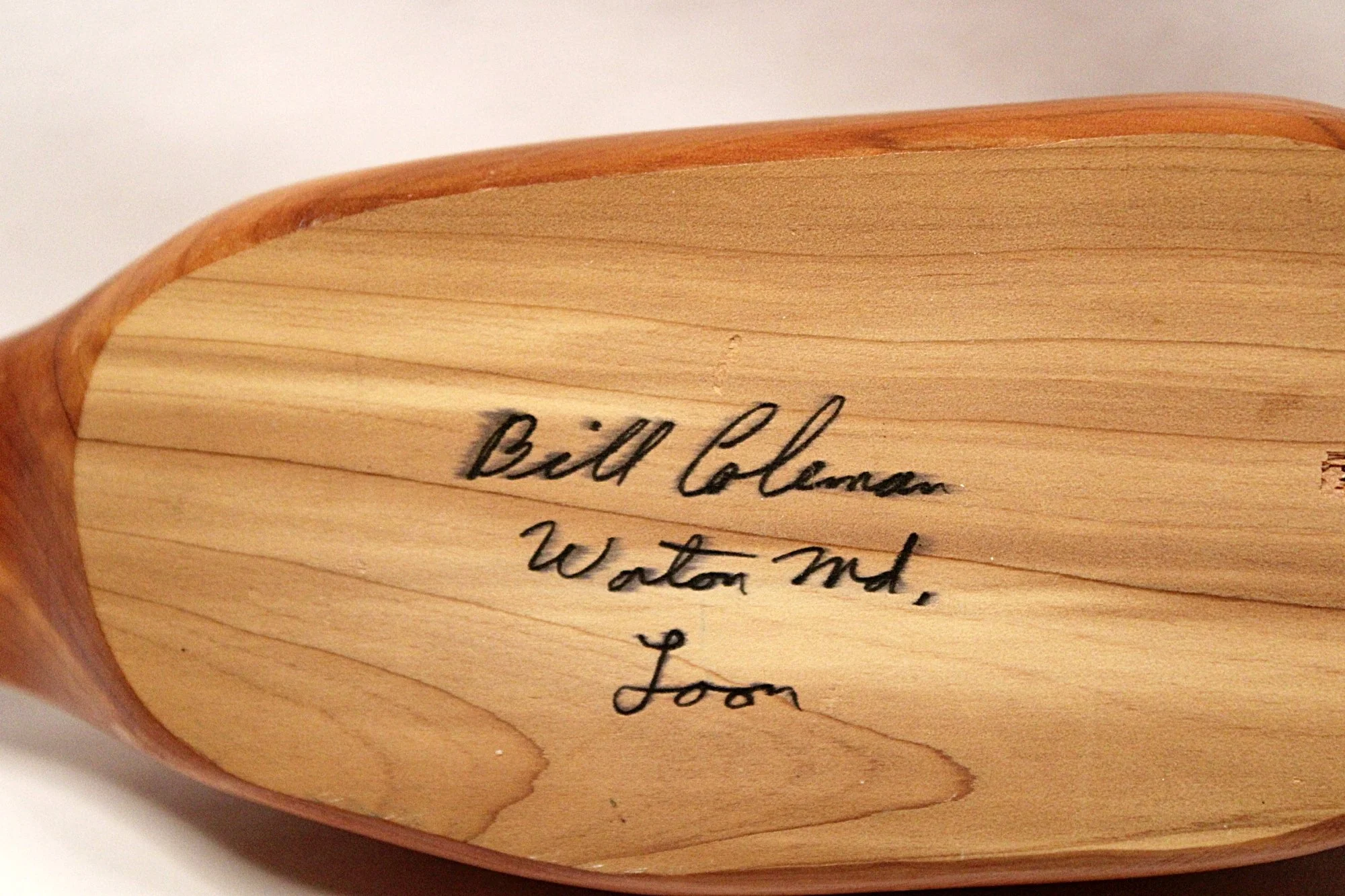 BILL COLEMAN Carved Wooden Loon Decoy with Fish-Bottom-Signed-area-Zoomed-2000 x 1333.JPG