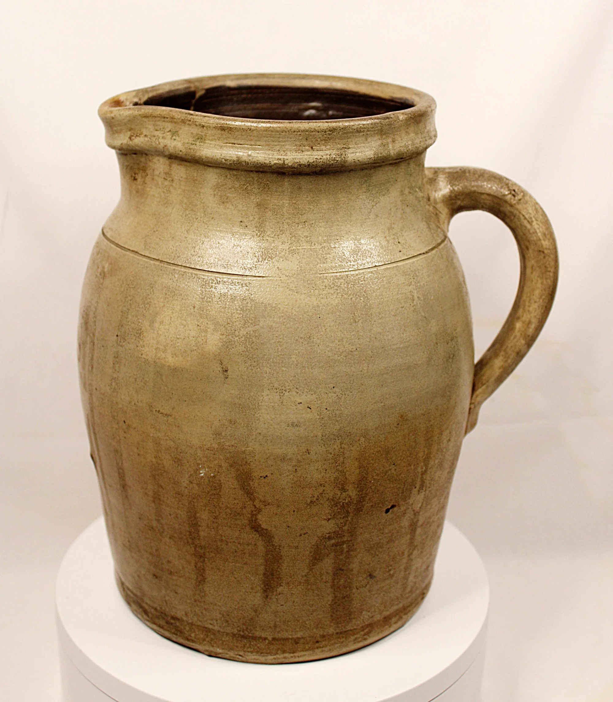 Antique Salt Glazed Stoneware Pottery Pitcher What Cheer Iowa Primitive Make-Do Repair-Spout-Left-2000 x 2287.JPG
