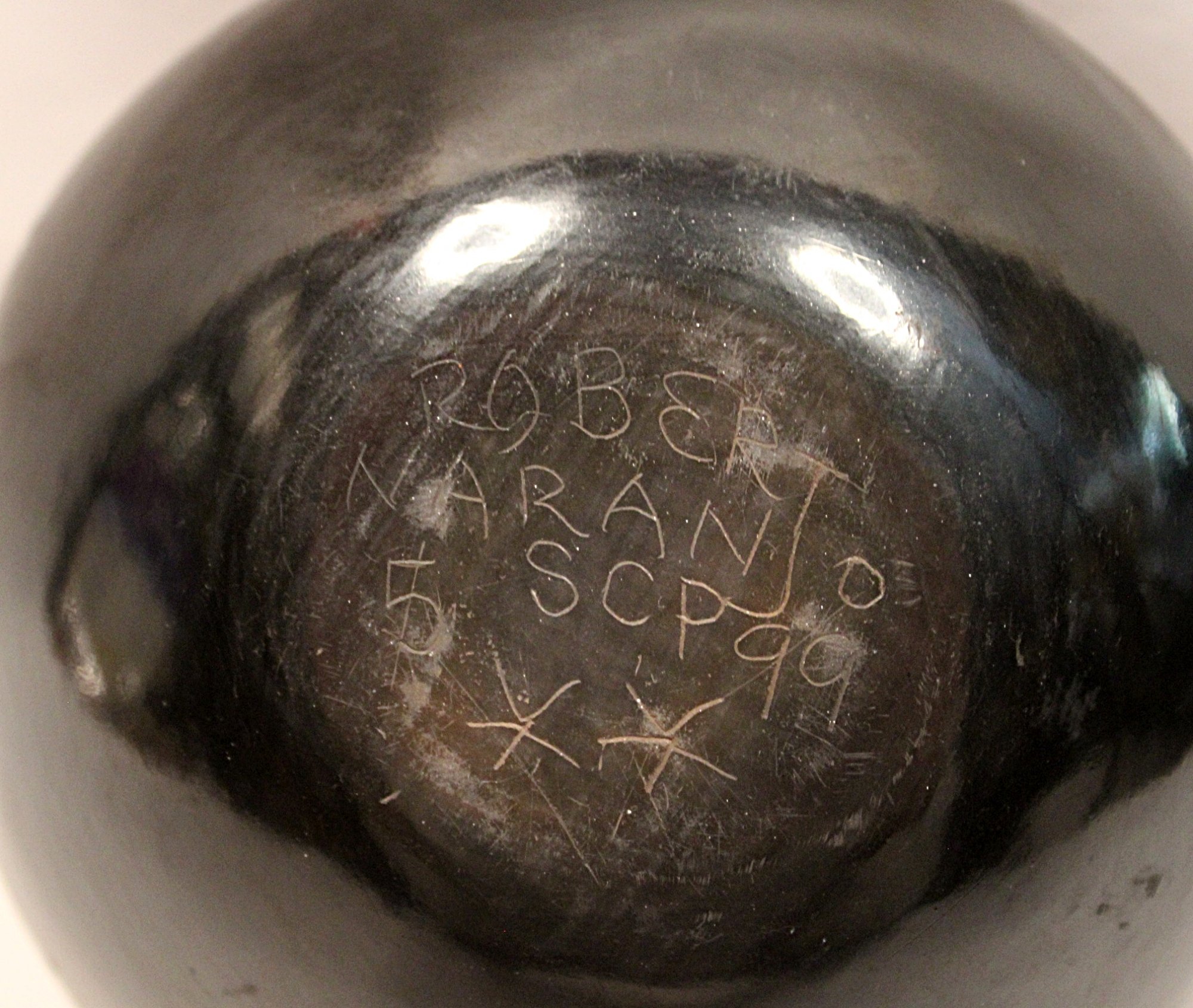 ROBERT NARANJO BLACKWARE Bowl with Turquoise Bead Signed 1999 Santa Clara-Bottom Markings-Signed-view-2000 x 1690.JPG