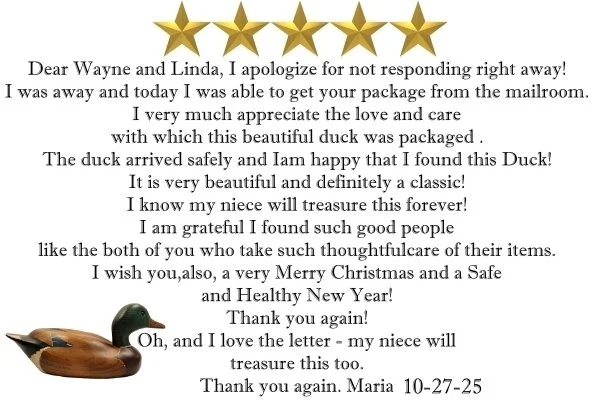 A handwritten letter from Maria, dated 10-27-25, expressing gratitude for a duck package and holiday wishes, accompanied by a photo of a duck figurine.