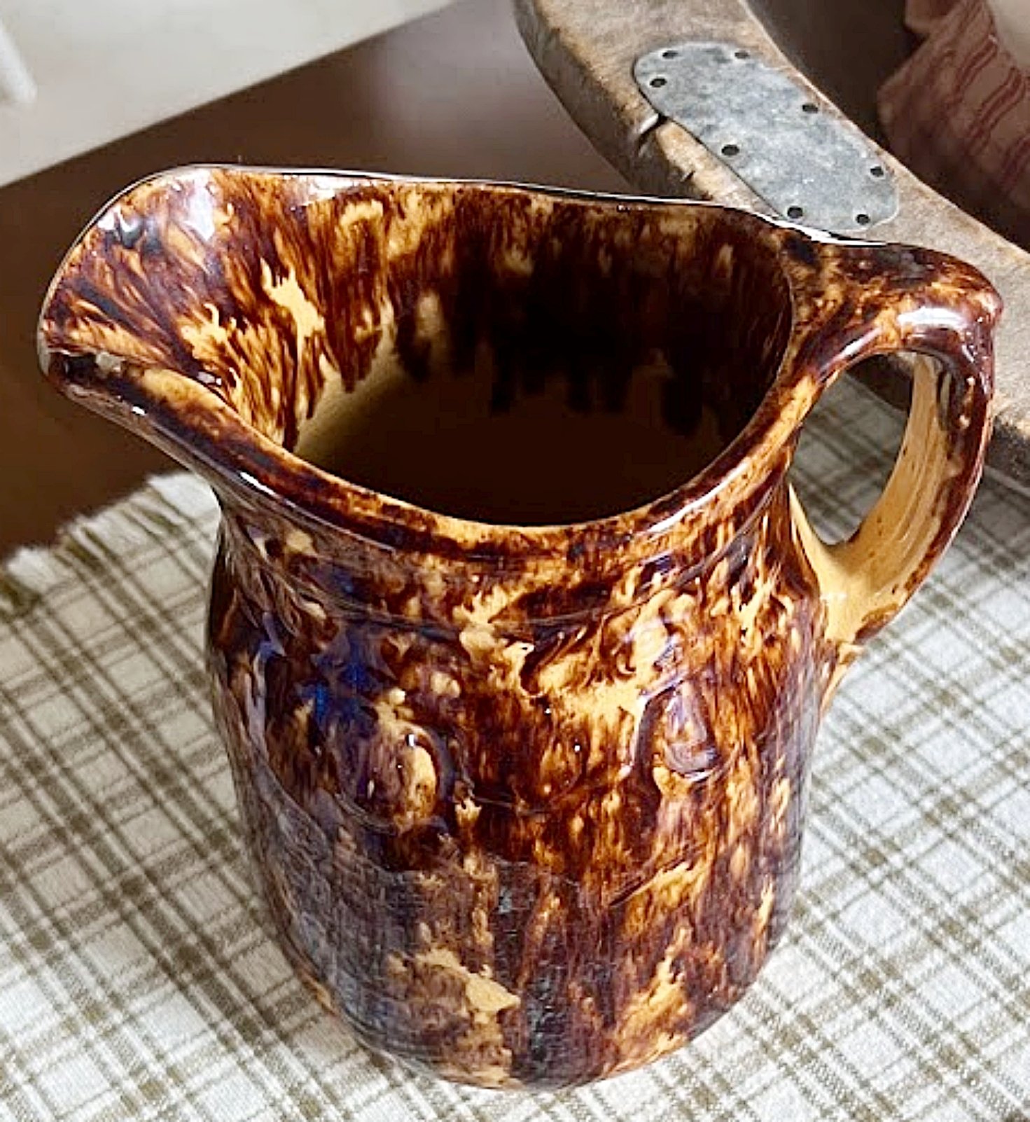 Antique Yellow Ware Batter Pitcher with Rockingham Glaze-spoutleft-1471 x 1602.jpg