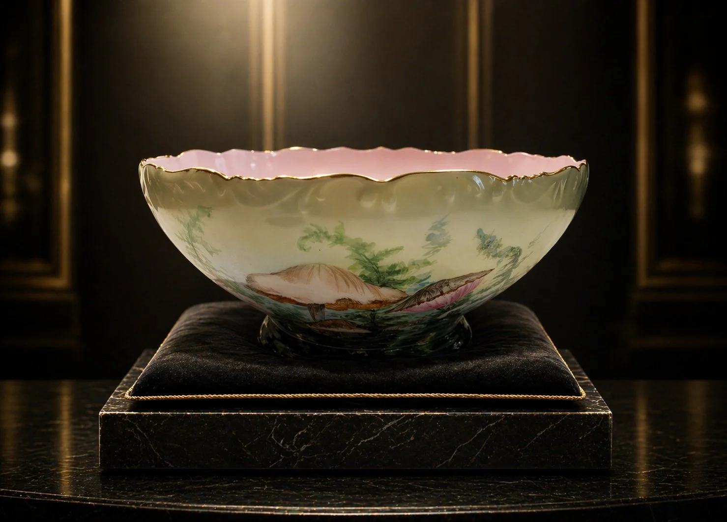 5837-Antique T&V Limoges Centerpiece Bowl 1892-1907 Handpainted Mushrooms-side-2-view-on-Display-1479 x 1063.jpg