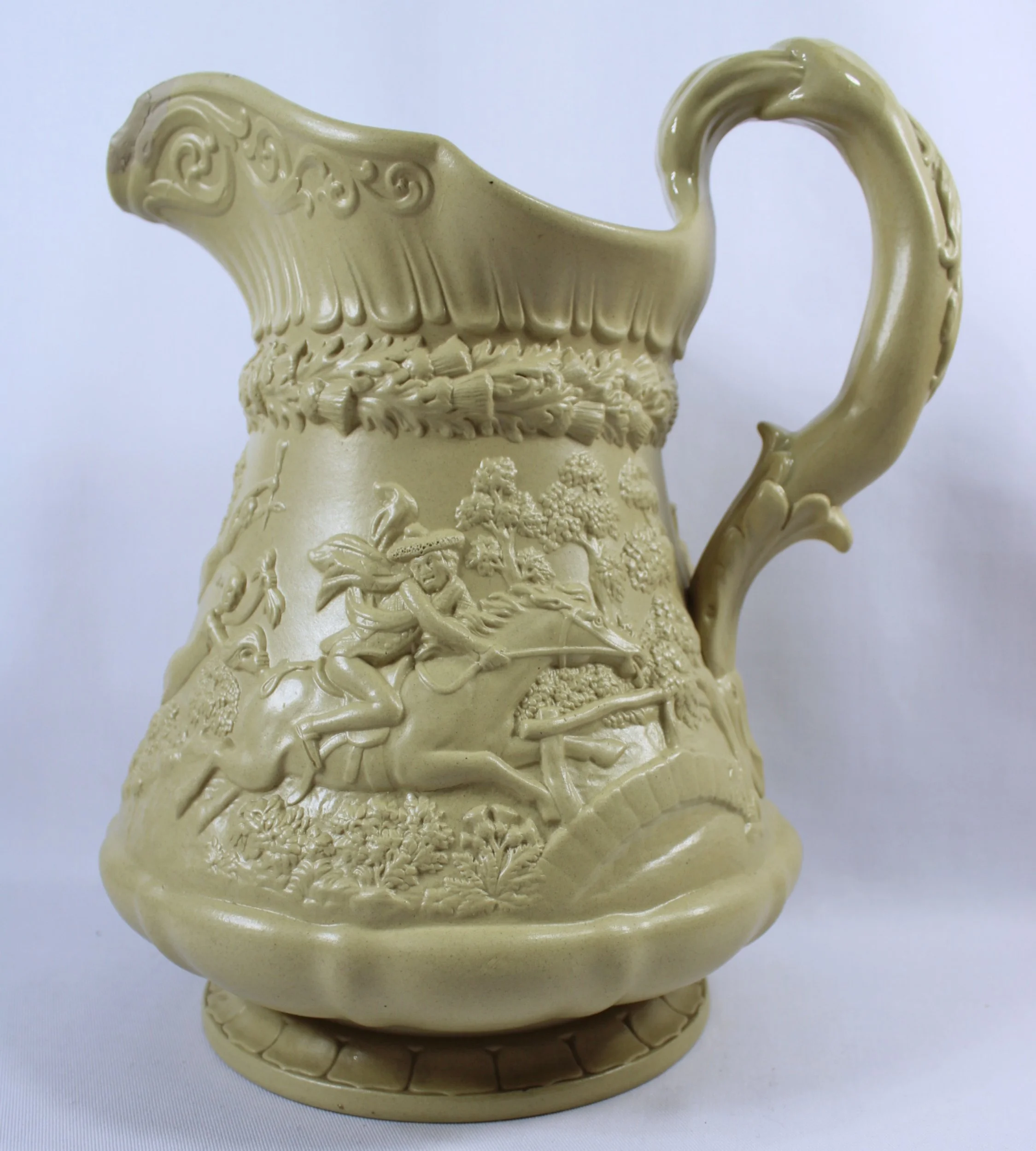 Antique Stoneware Pitcher 10 Inch Tam O'Shanter Drabware -facing left-2A-2249 x 2499.JPG