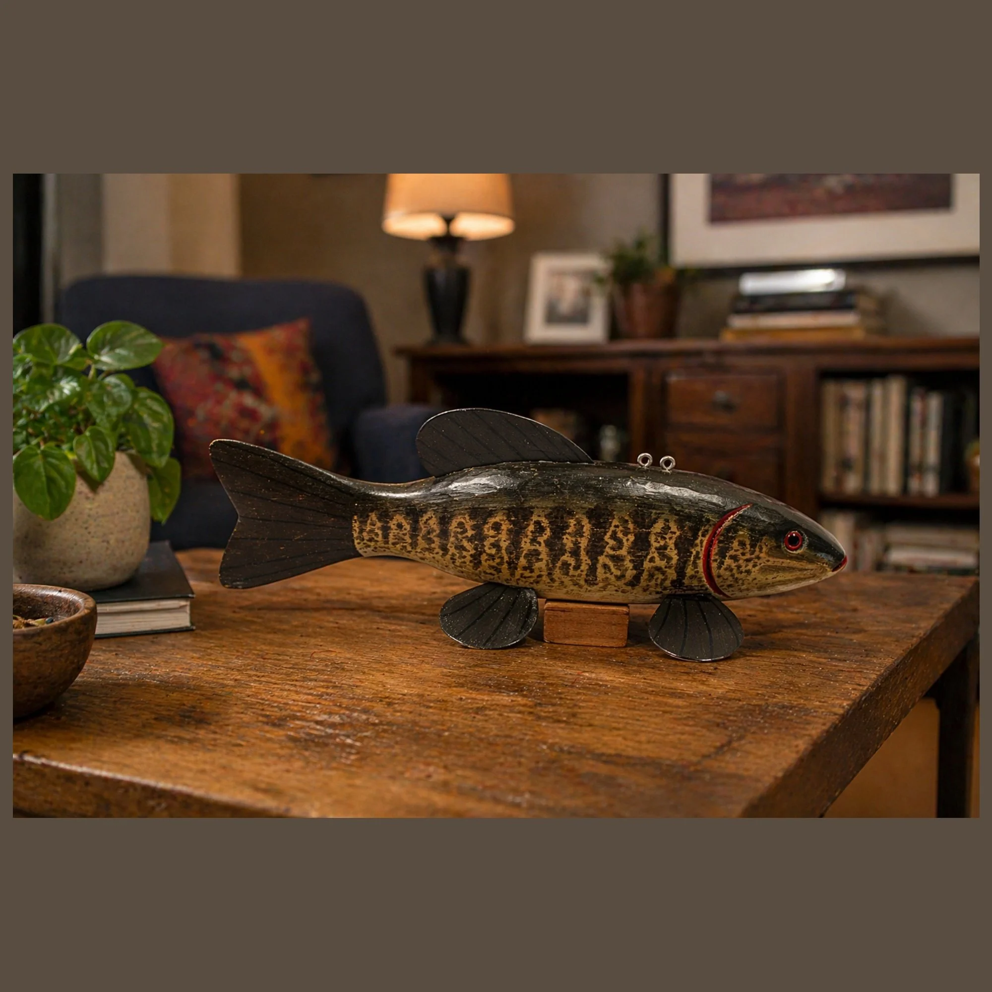Steve Robbins-Fish Decoy Smallmouth Bass -on-stand-facing-right-on-desk-in-den-PYH-2000 x 2000.jpg