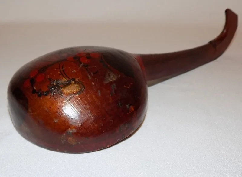 Antique Hand Carved Wooden Ladle - Bird Head Effigy Handle - Painted Designs cup view bottom-ff-800 x 583.jpg