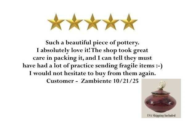 Customer review with five gold stars praising a pottery piece, mentioning careful packaging and intention to buy again, with a small image of a pottery vase in the bottom right corner and USPS shipping included.
