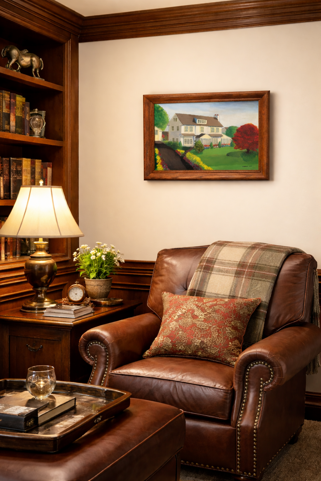 Vintage Oil Painting of House and Gardens Framed & Signed on wall in Den