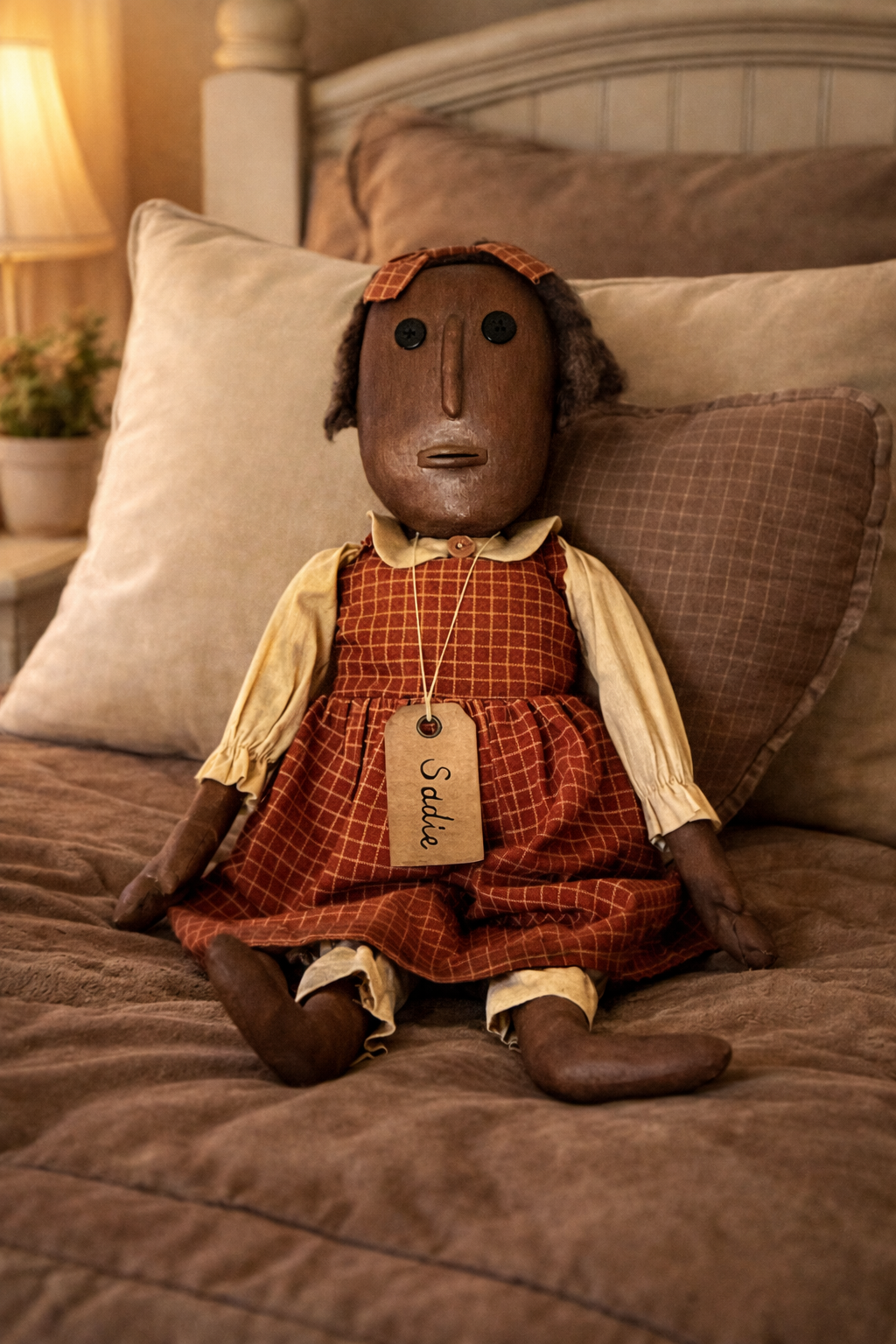 Handmade Black Folk Art Doll Sitting on Bed in Bedroom