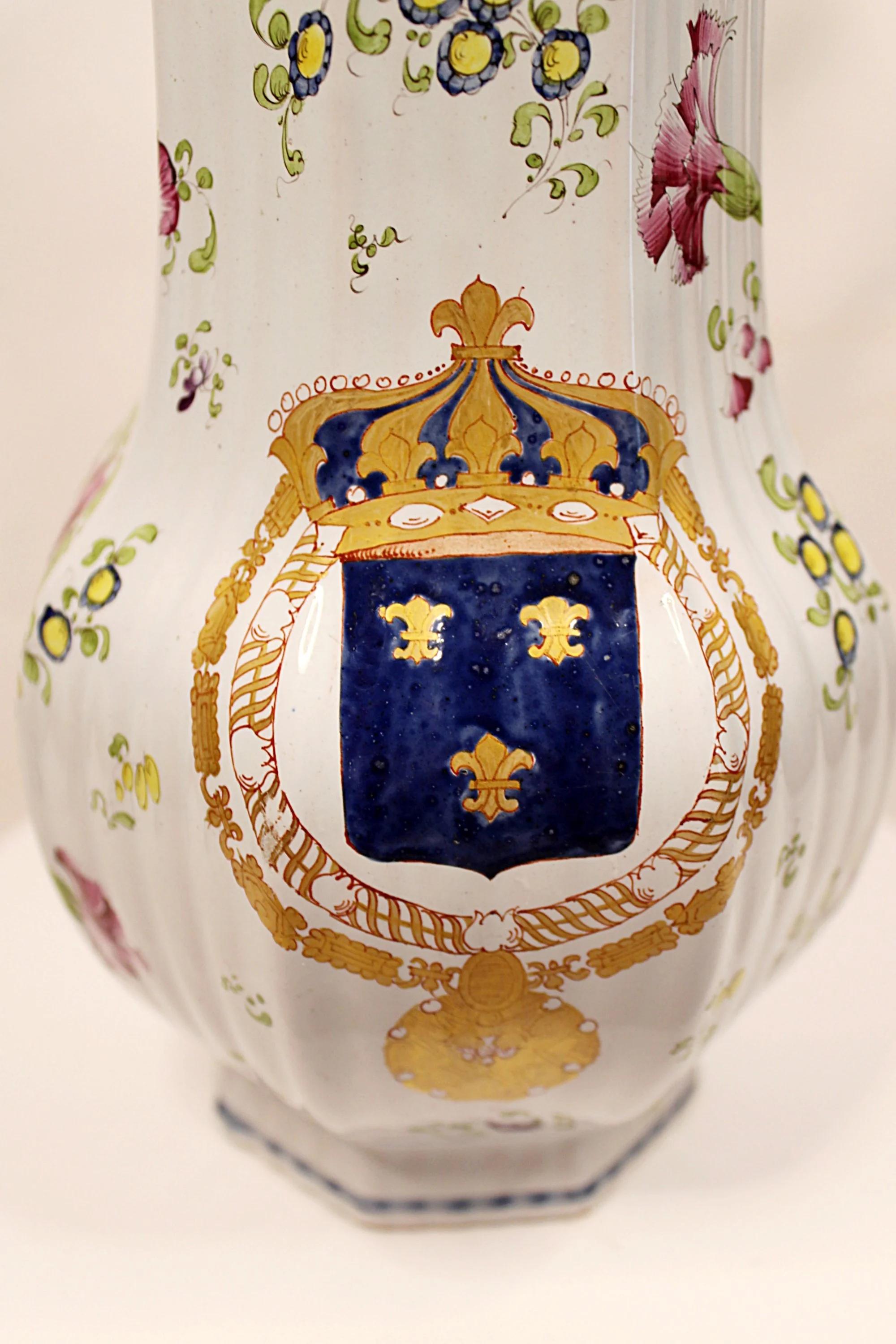 Rare Antique French Faience Lidded Pitcher with Pewter Thumb Lifter and Royal Coat of Arms - Front-closeup-2000 x 3000.JPG