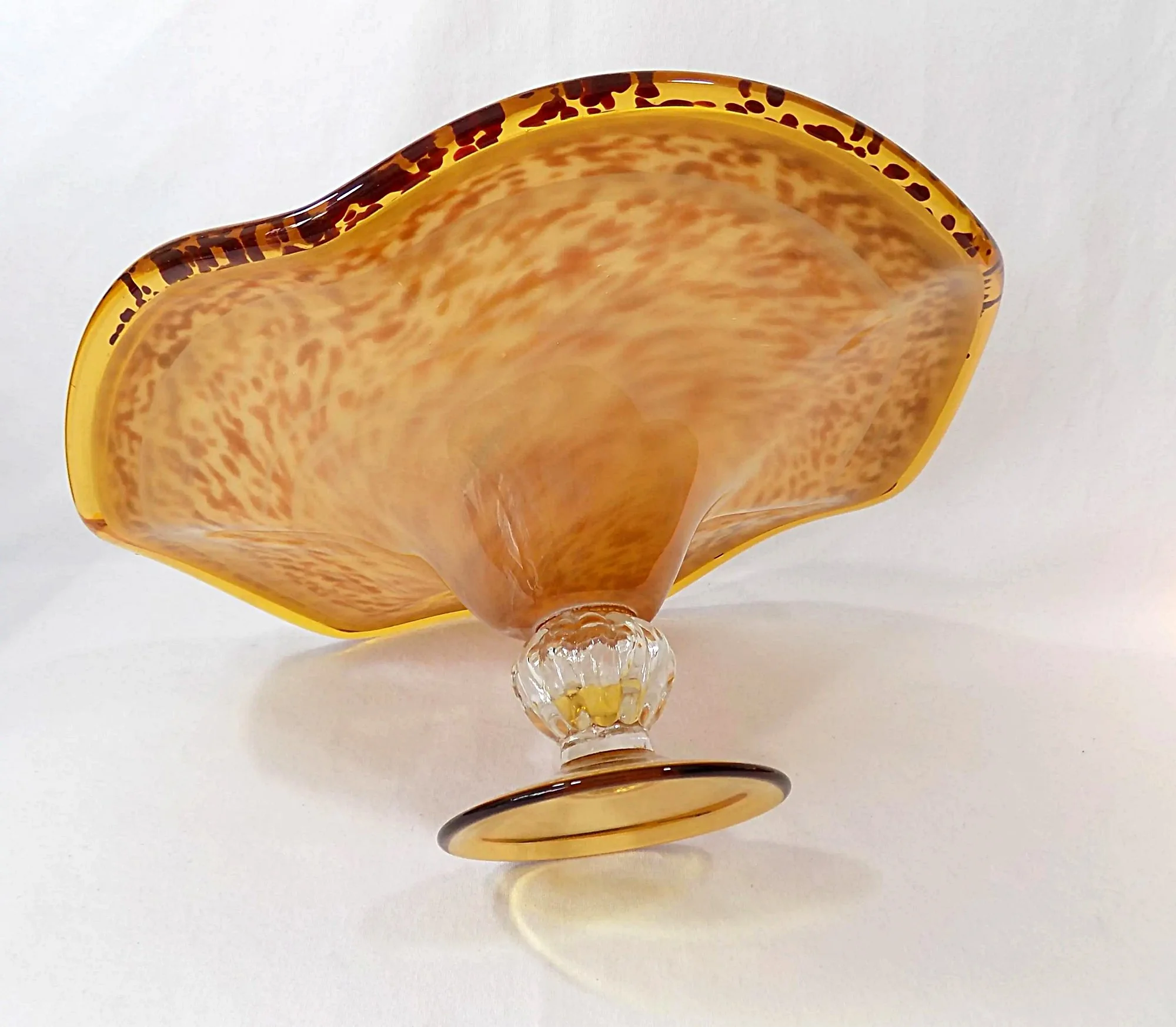 Vintage ITALIAN GLASS Pedestal Bowl Hand Blown Orange Gold and Amber-Tipped on Side-Stem front-2000 x 1746.jpg