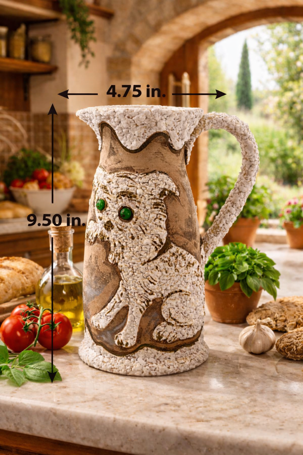 Vintage ITALIAN FAT LAVA Pitcher Mid Century Modern Horse and Cat Motifs Showing Sizes