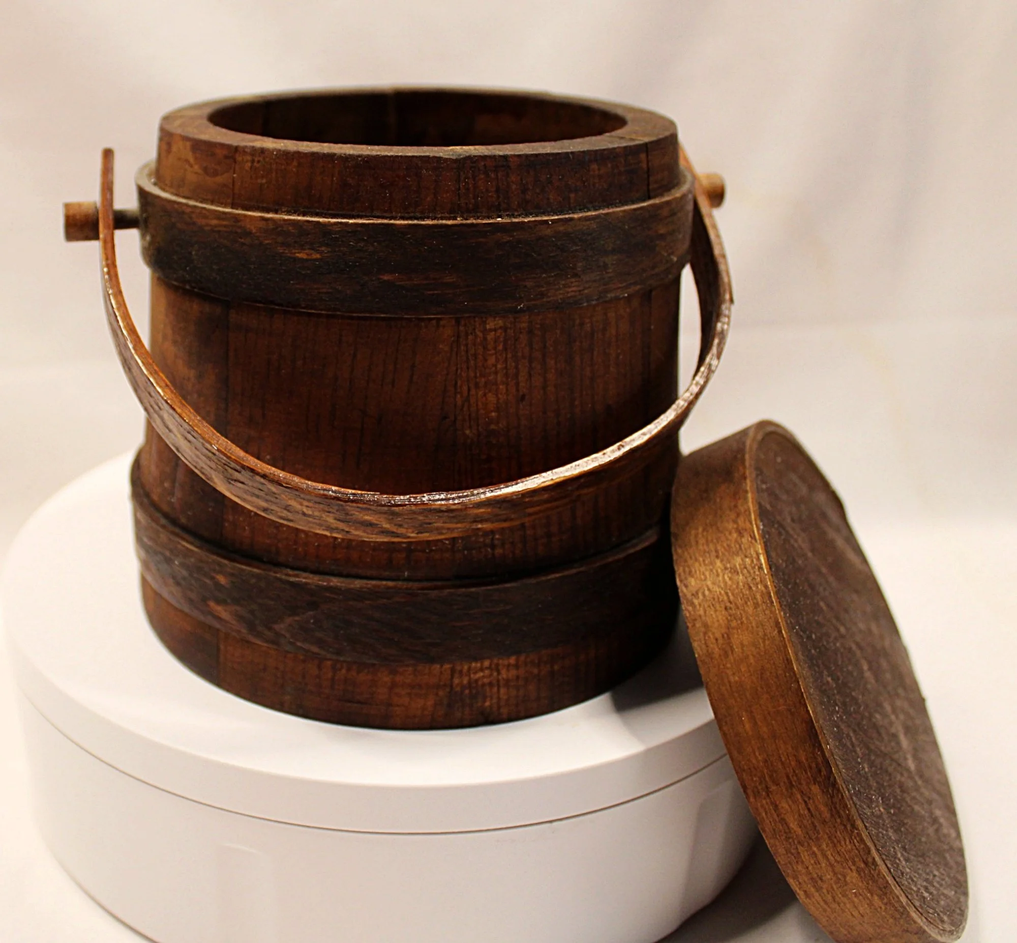 Vintage 5 Inch Lidded Wood Firkin-full-front-view-handle-down-Lid-to-side-D-2000 x 1853.JPG