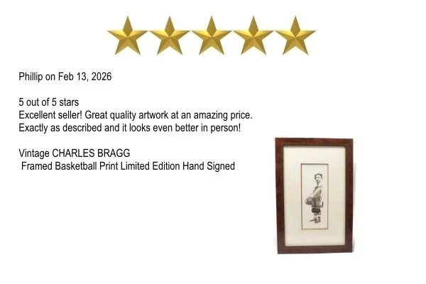 Customer review with five gold stars and a signed artwork of Charles Bragg, framed and displayed on a white background.