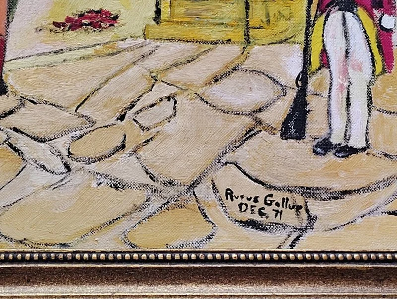 5724-Colonial Village Folk Art Oil Painting-closeup-signe area- 800 x 603.jpg