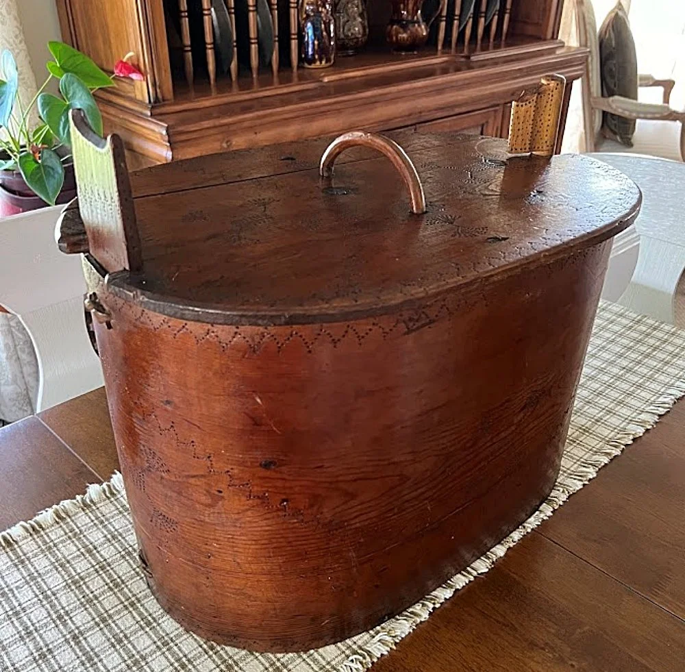Antique Norwegian Tine Huge Handmade Bentwood Box- on table full view-1000 x 981.jpg