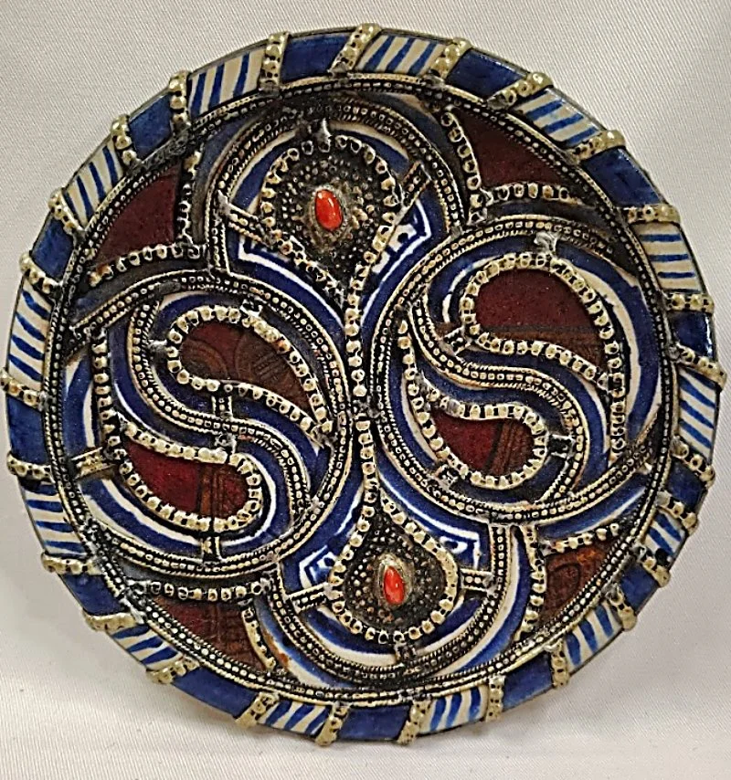 Antique Moroccan Pottery Dish with Silver Overlay and Cabochons-front-2-800 x 854.jpg
