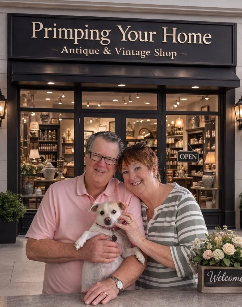 A smiling older couple with a small white dog inside an antique and vintage shop named 'Primping Your Home'. The couple is standing behind the counter, and the woman has her arm around the man. There is a sign that says 'OPEN' in the shop window behind them.