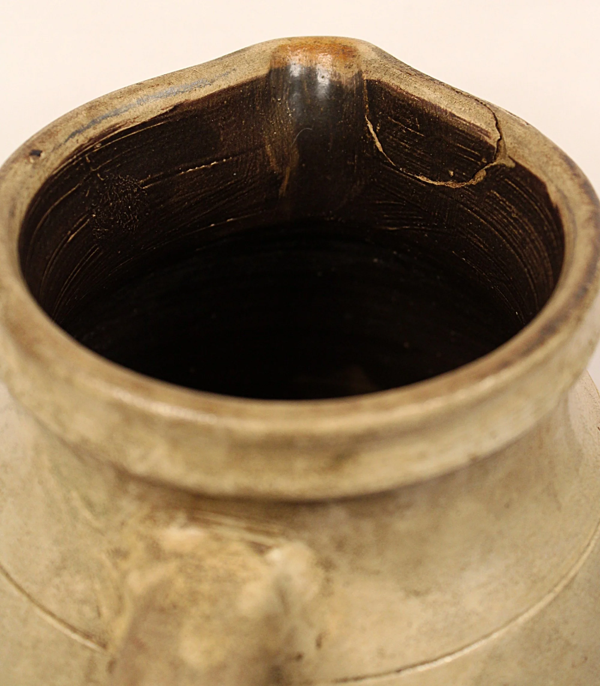 Antique Salt Glazed Stoneware Pottery Pitcher What Cheer Iowa Primitive Make-Do Repair-Spout-Back-Chip-View-2000 x 2287.JPG