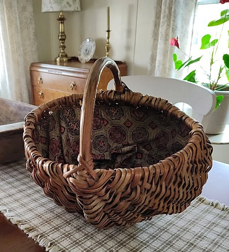 5511-Vintage WILLOW MELON BASKET Handmade Primitive with Make-Do Cloth Liner-Table-800 x883.jpg