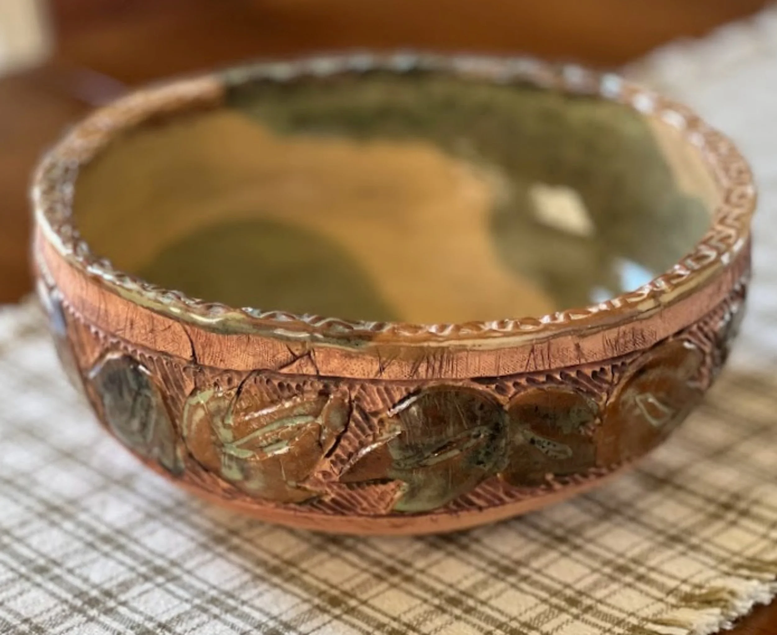 5240-OLD RIVER RUN Pottery Bowl by Dawn Zaharis Prietz, Marianna, Florida -on table-2695 x 2203.jpg