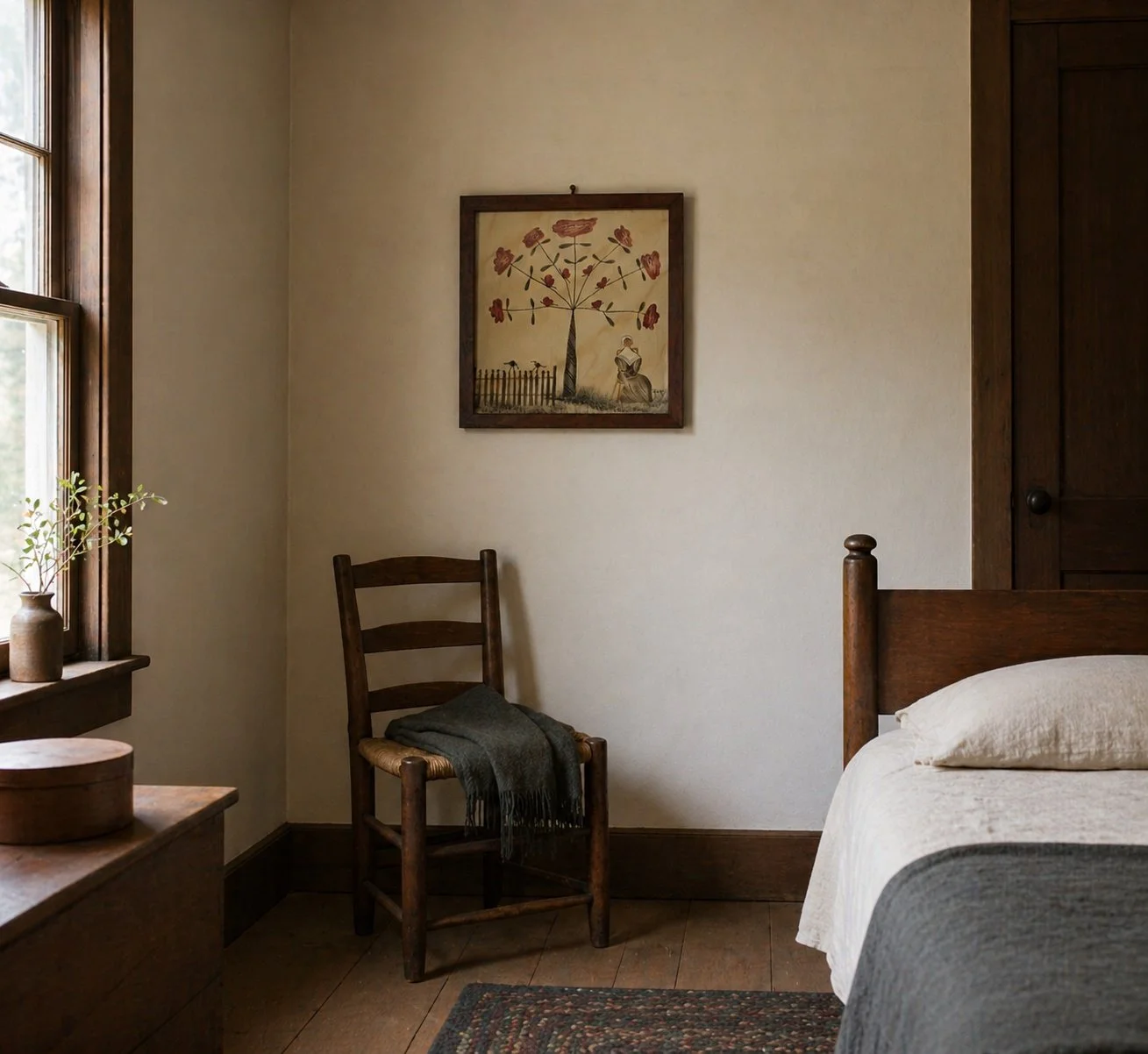 ANN REA THEOREM Oil on Velvet Shaker Lady Painting, Grain Painted Frame-Shaker-Bedroom-1309 x 1202.jpg