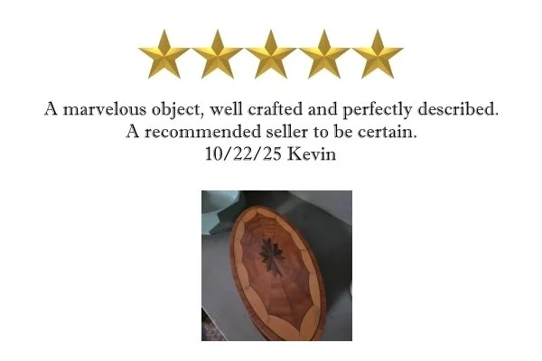 Five gold stars above a quote praising a well-crafted object, dated 10/22/25 Kevin, with a photo of a wooden oval serving tray with a carved floral design.