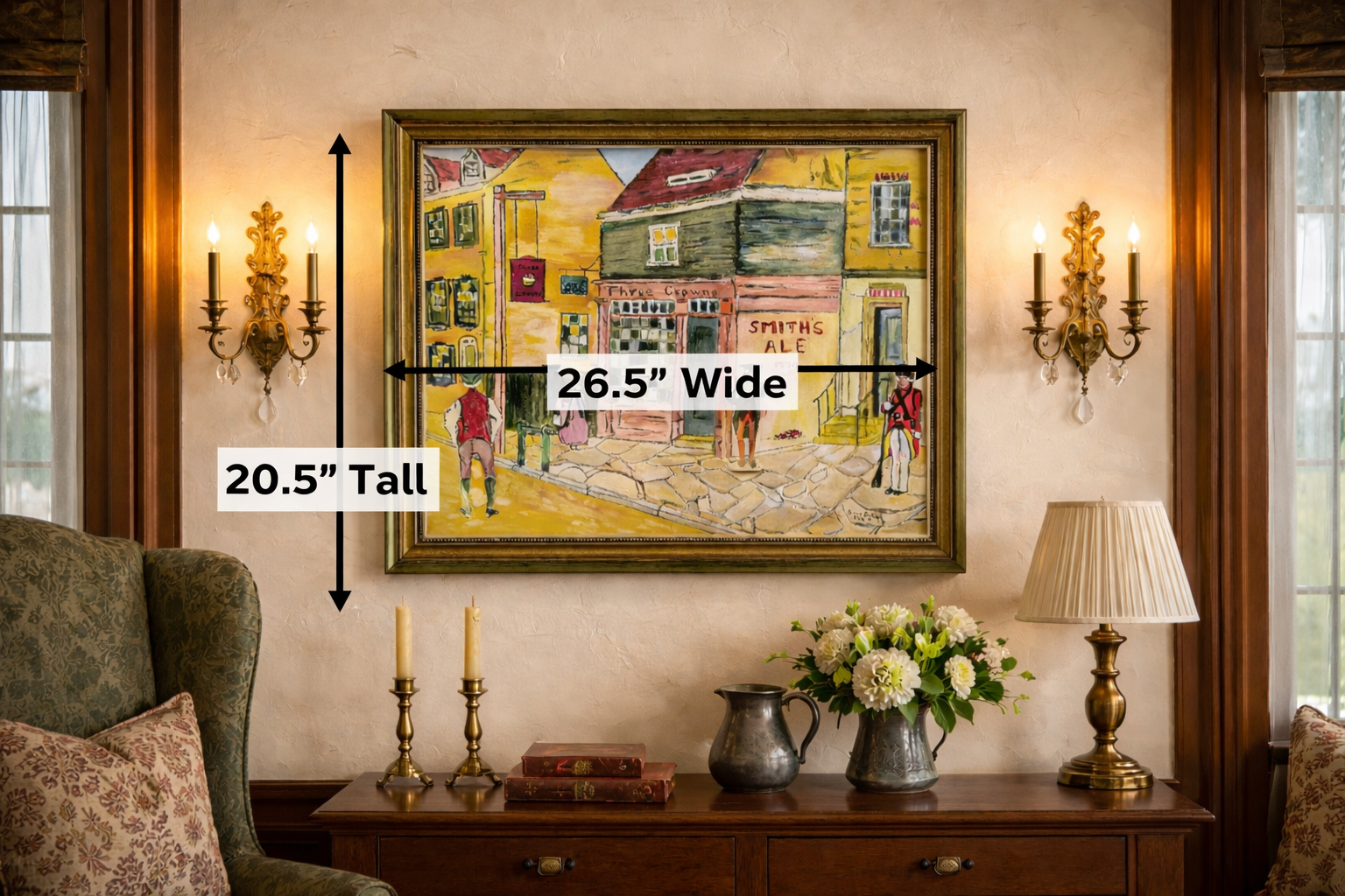 Colonial Philadelphia Scene Original Oil Painting of  Three Crowns Inn -With Size Arrows