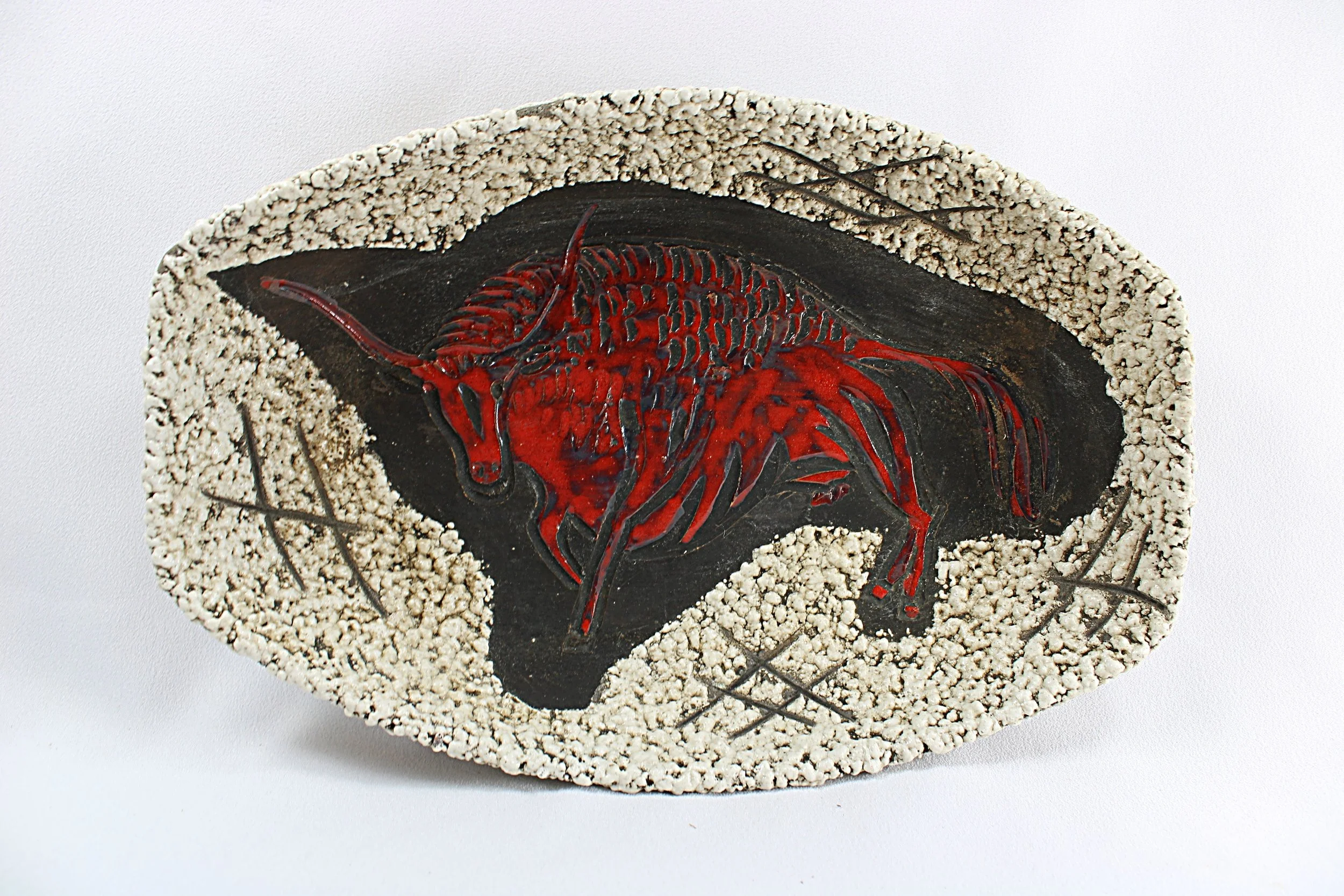Vintage Italian Mid Century Modern Pottery Fat Lava Bowl With Bull Motif-full front-2976 x 1984.JPG
