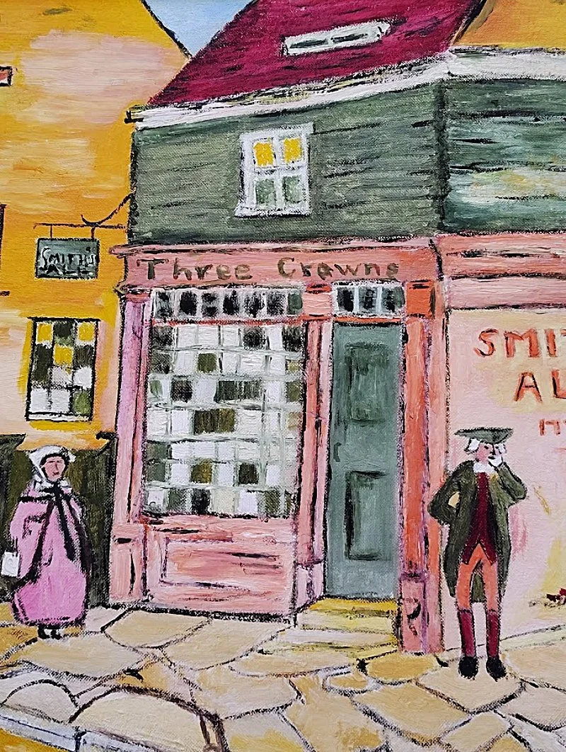 5724-Colonial Village Folk Art Oil Painting-closeup-three crowns-800 x 1062.jpg