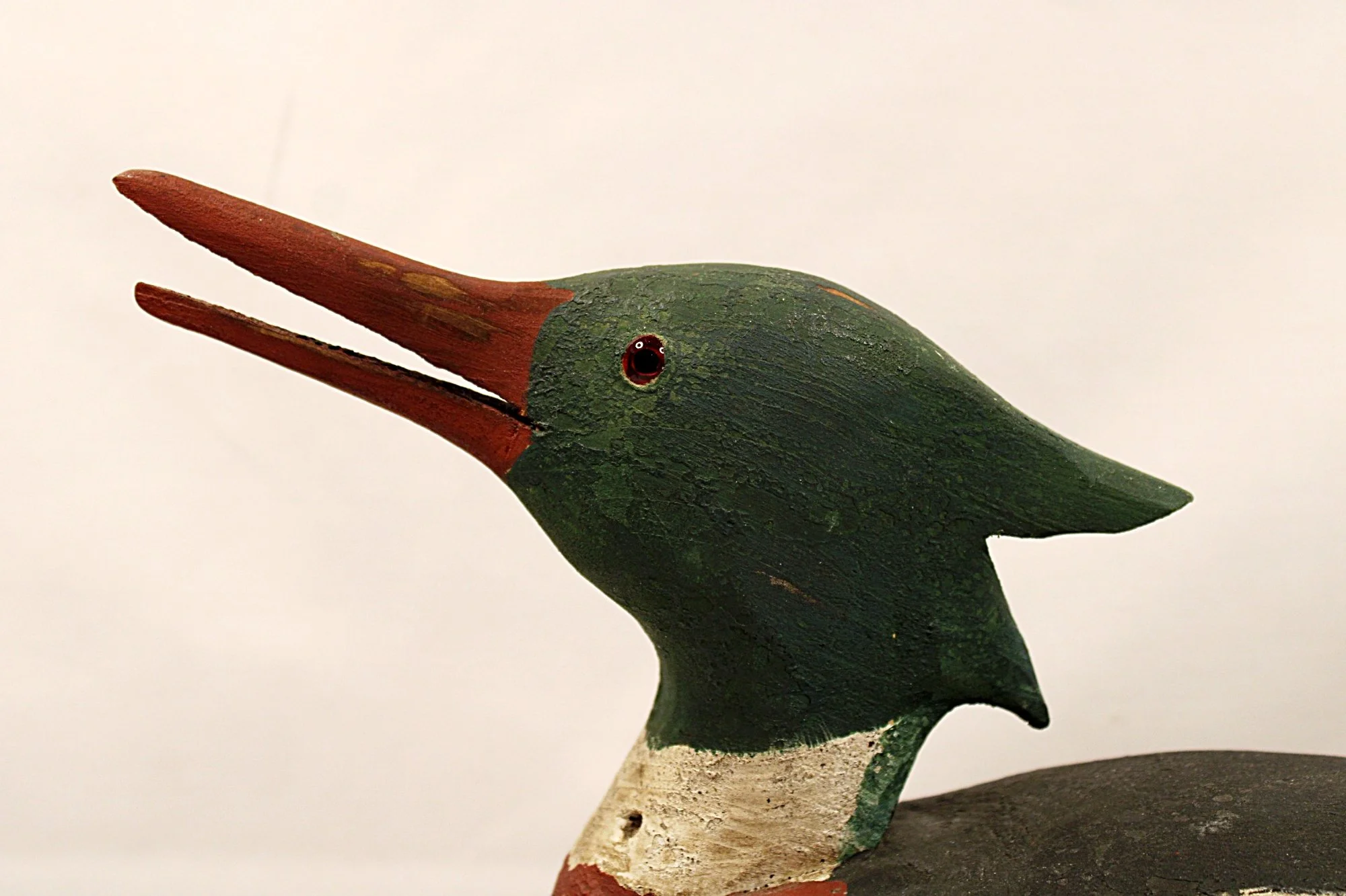 5757-CHARLES W. WATERFIELD Red Breasted Merganser Decoy-Facing-Left-Head-Mouth-Open-Closeup-2000 x 1333.JPG