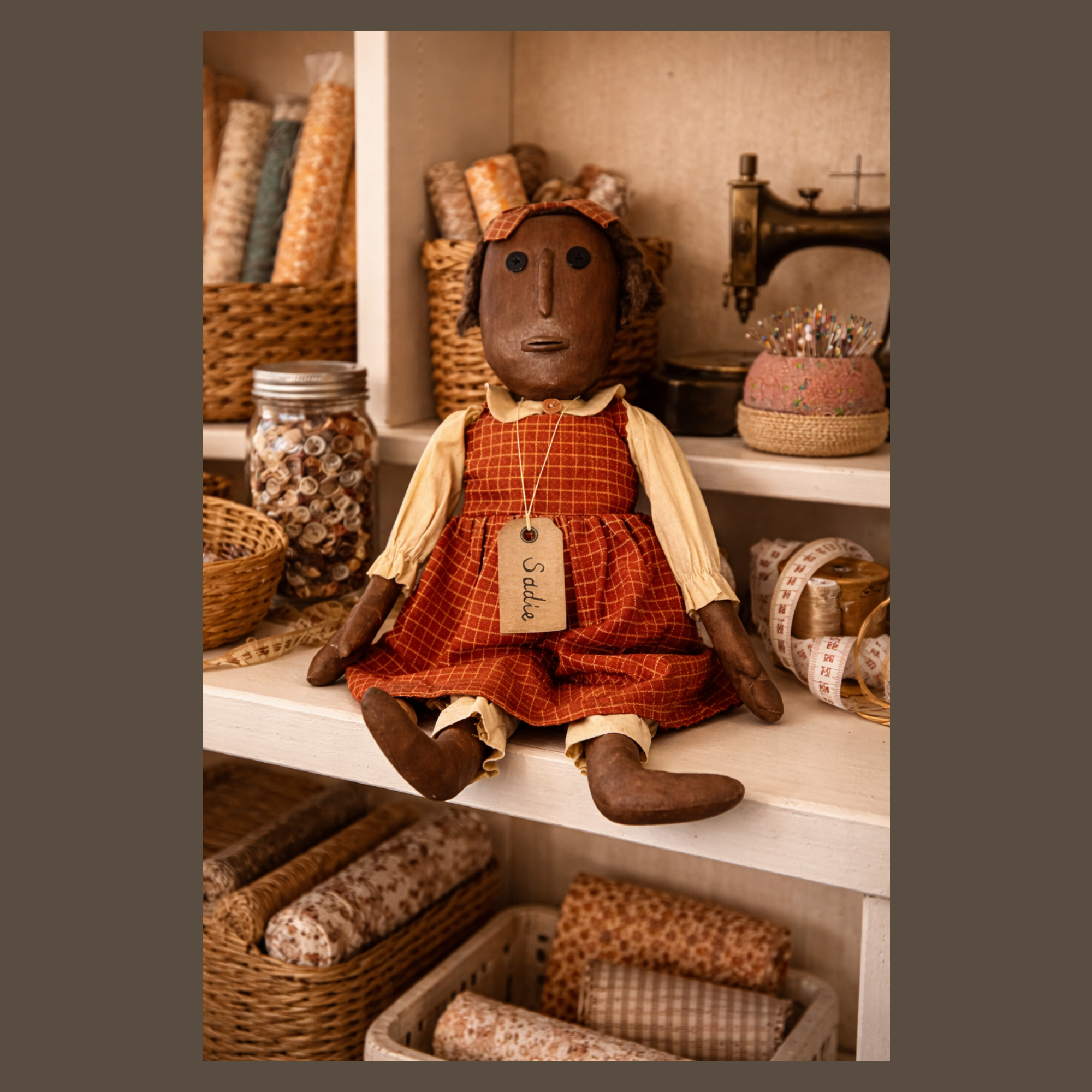 Handmade Girl Folk Art Doll Fabric and Oilcloth