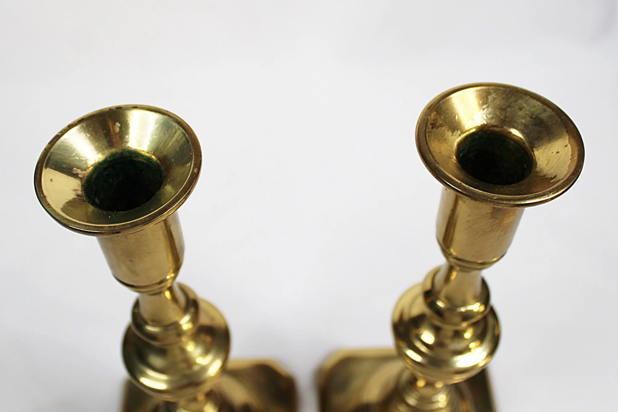 English Pair of Beehive Brass Candlesticks-side by side-no-candles-top-closeup-2000 x 1333.JPG