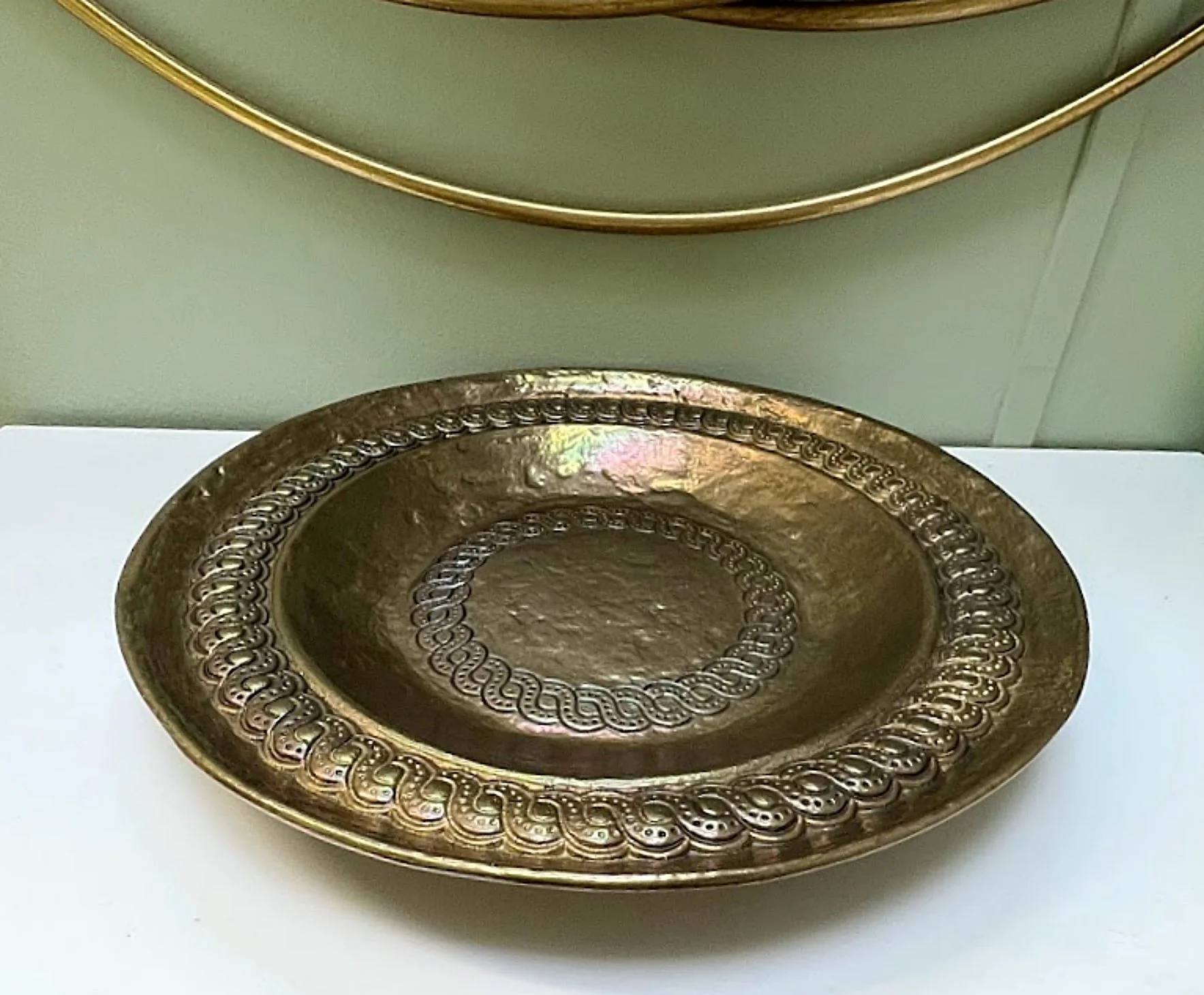 Vintage ITALIAN BRASS PLATE Hand Hammered Signed 11.5 Inch Diameter-on white dresser-1767 x 1461.jpg