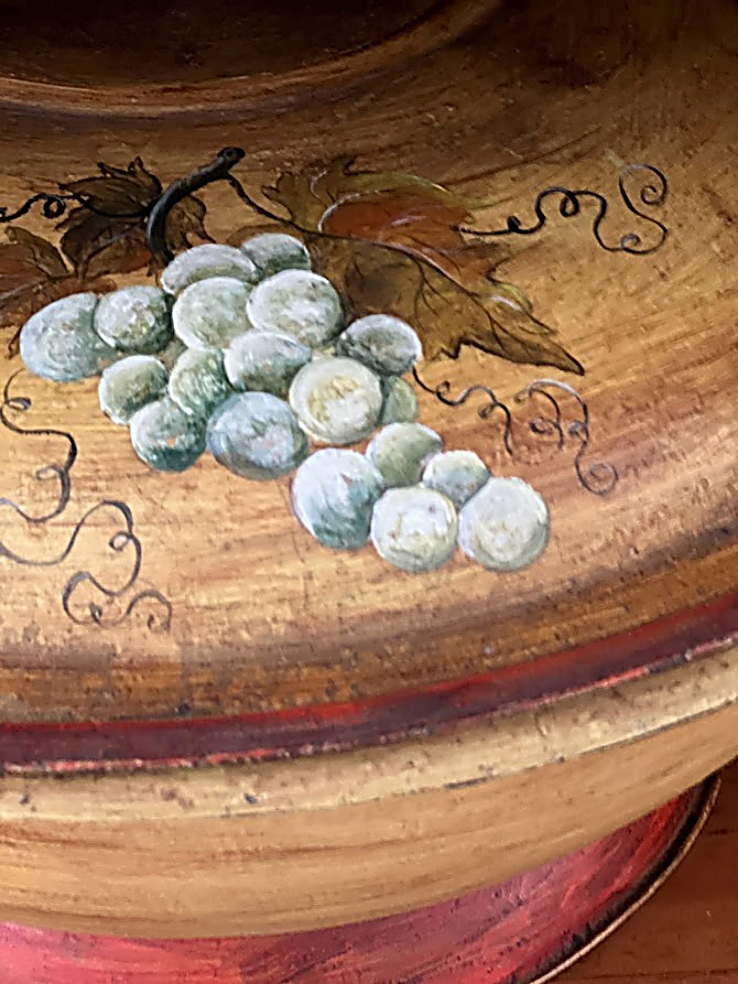 Antique Lidded TIN DOUGH RISER Hand Tole Painted grapes closeup=2670 x 3559.jpg