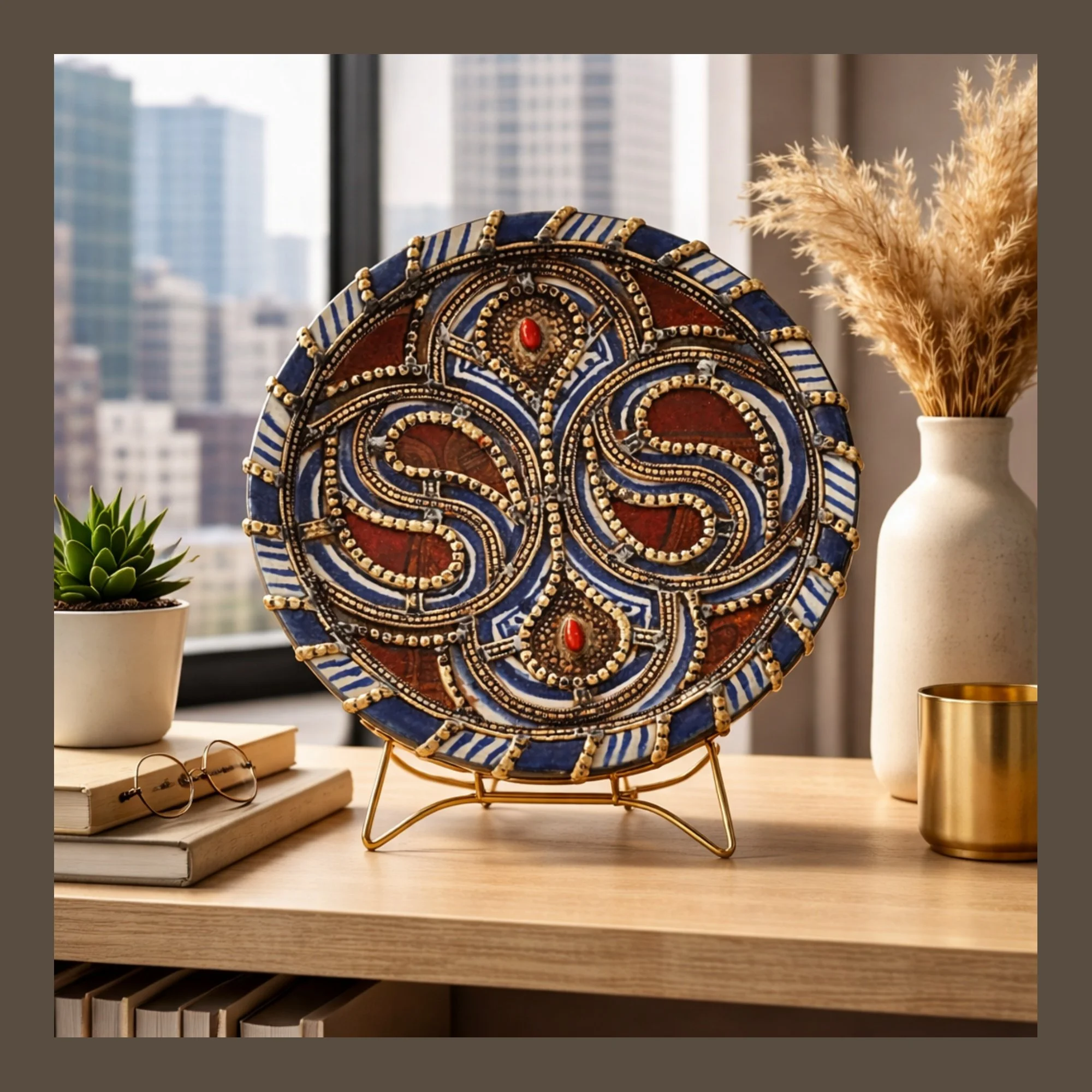 Antique_Moroccan_Pottery_Dish_with_Silver_Overlay_and_Cabochons-front-in-city apartment on gold stand-PYH-2000 x 2000.jpg