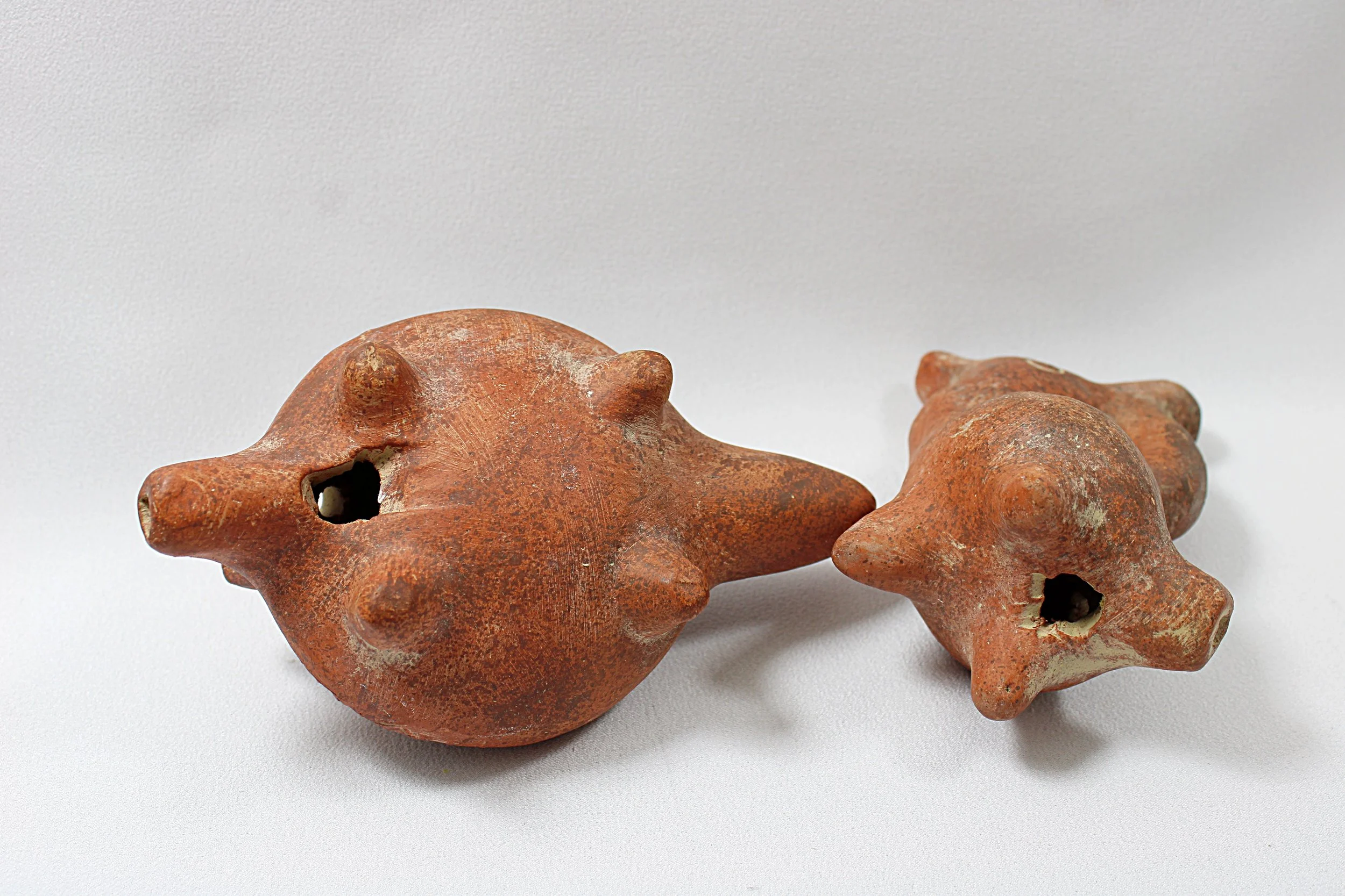 Vintage Pair of CLAY OCARINAS - MEXICO- Terracotta Bird and Lizard - Pre Columbian Style Flutes  - showing bottom view-3984 x 2656.JPG