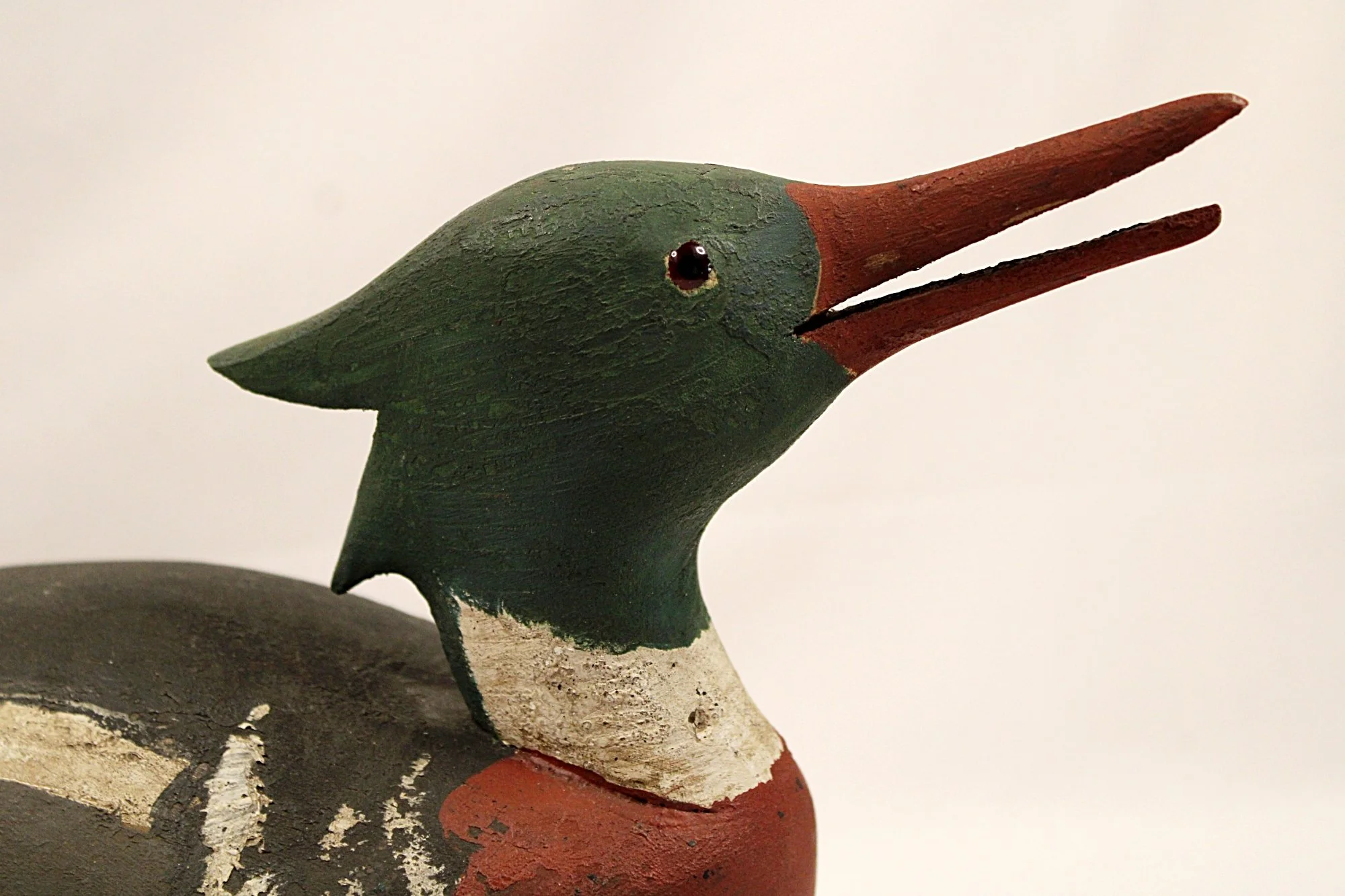 5757-CHARLES W. WATERFIELD Red Breasted Merganser Decoy-Facing-Right-Head-Mouth-Open-Closeup-2000 x 1333.JPG