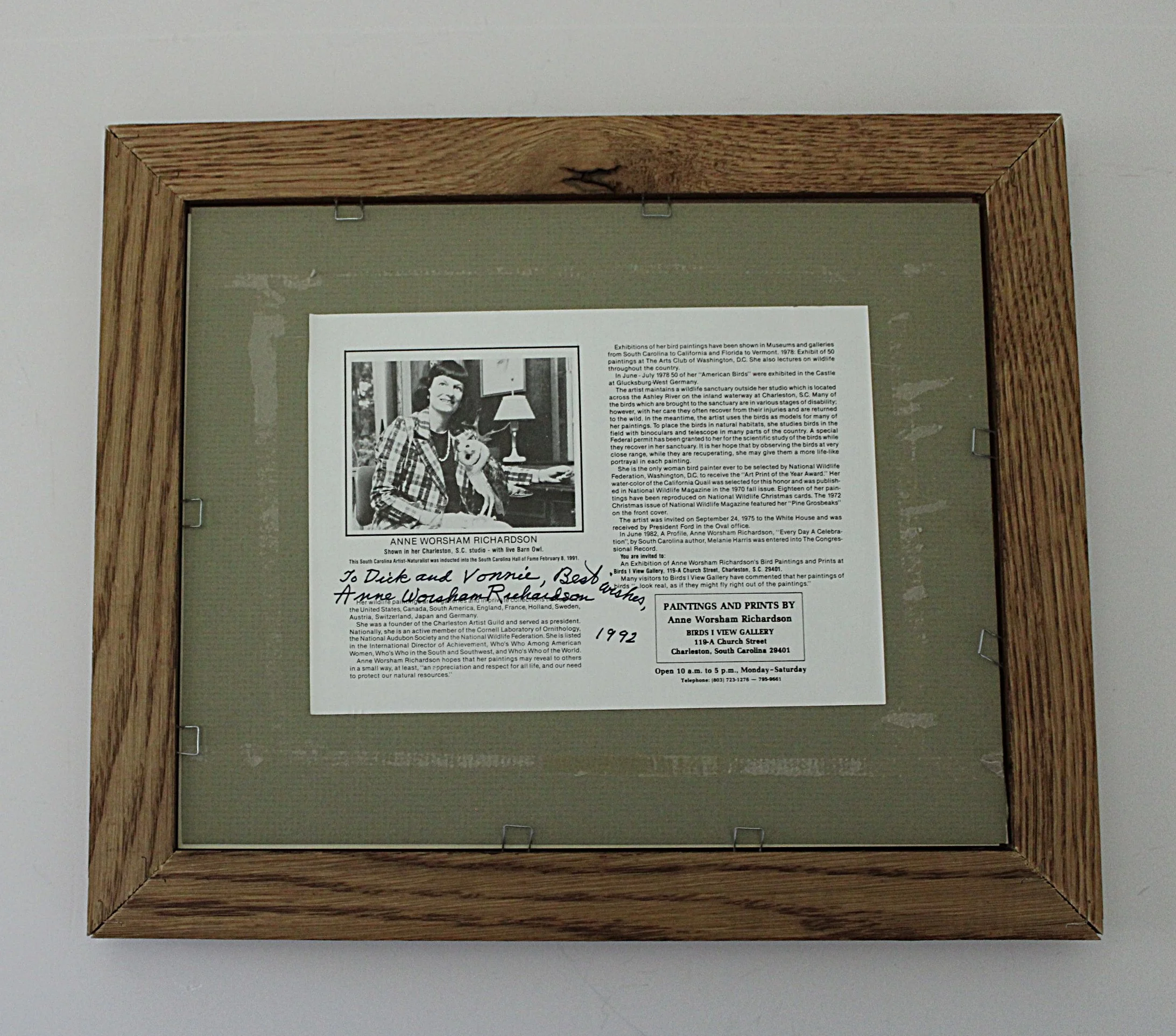 Vintage ANNE WORSHAM RICHARDSON Bird Print Pencil Signed Framed with Handwritten Dedication-back of frame-2185 x 1926.JPG