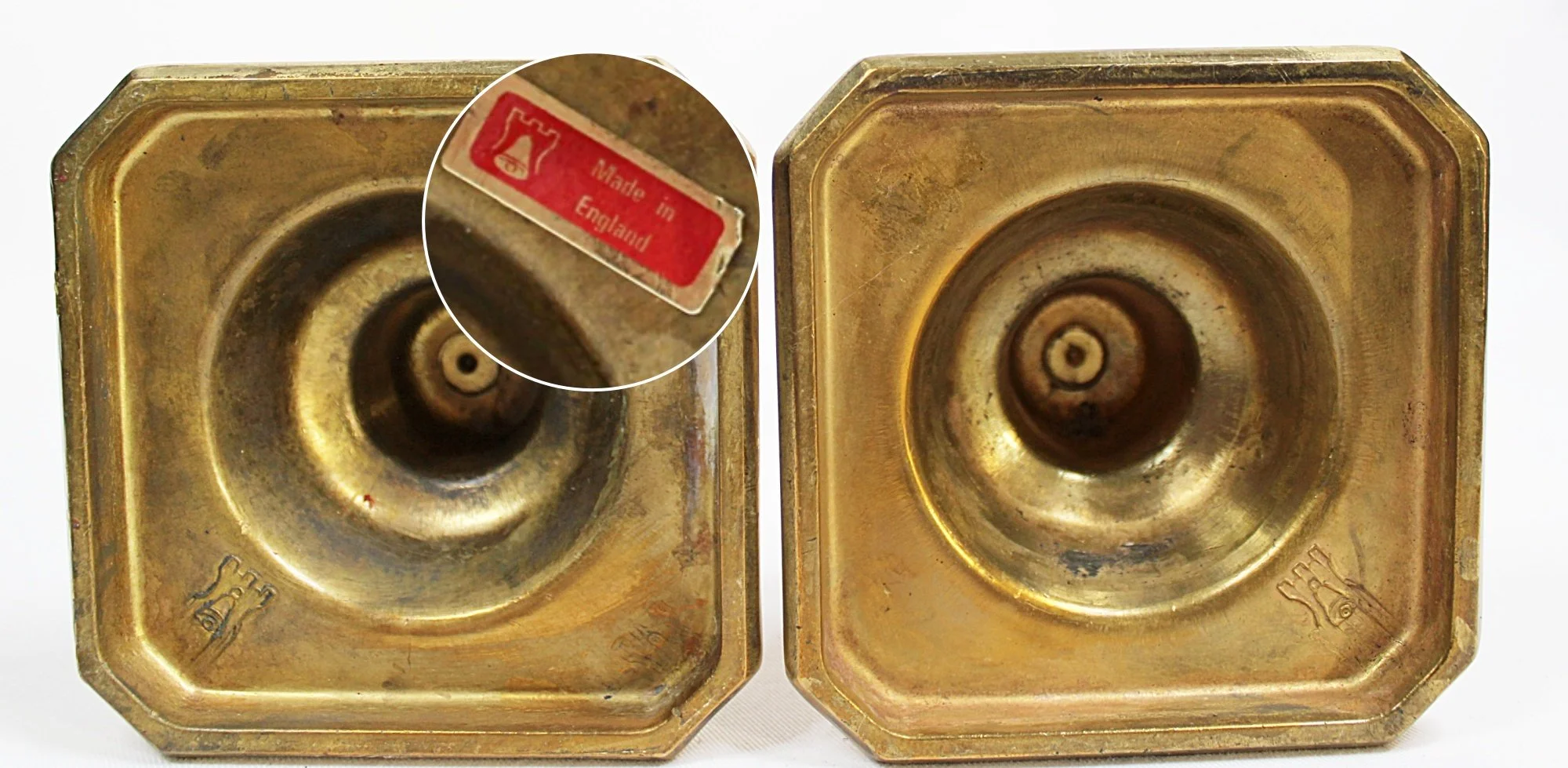 English Pair of Beehive Brass Candlesticks-side by side-bottoms-closeup-with marks and sticker-mag-2000 x 979.JPG