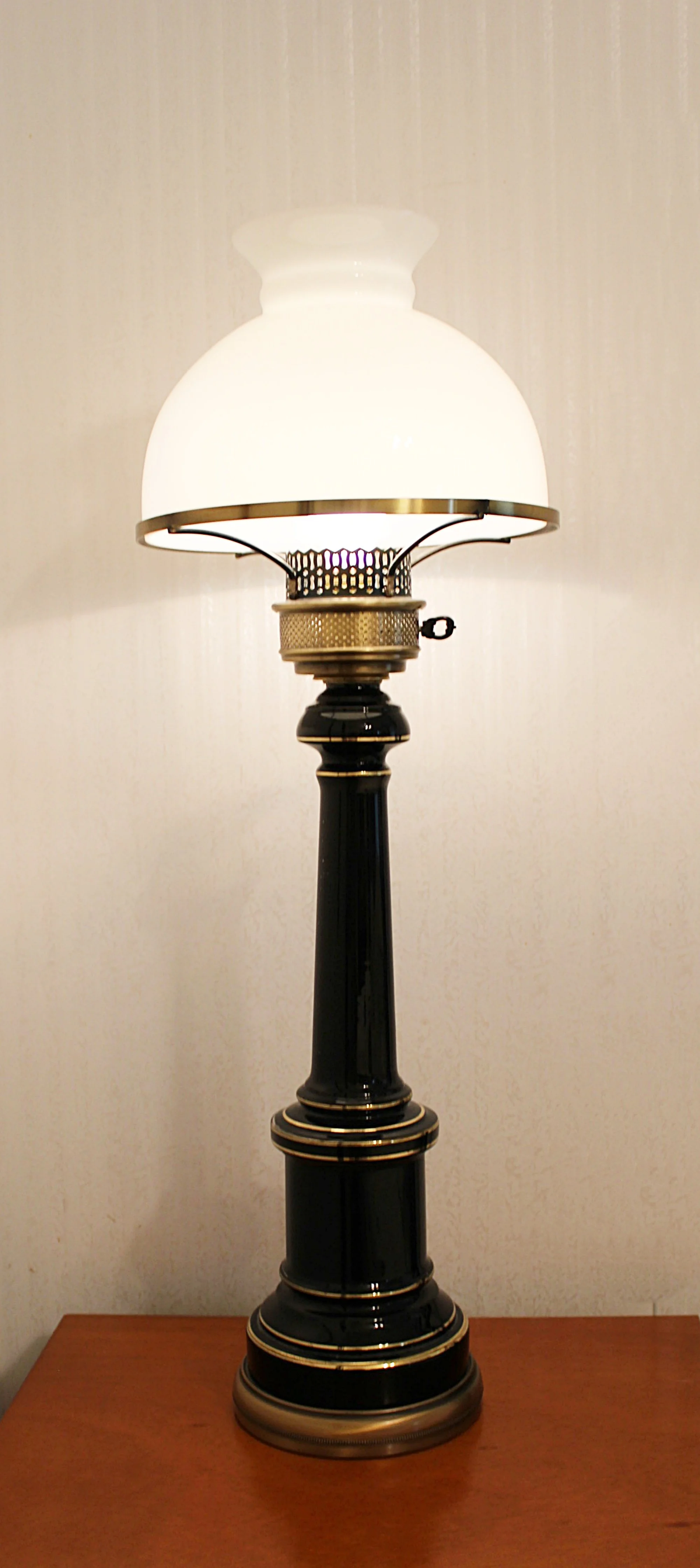 Vintage Tall Brass Electric Lamp Enameled Black with Shade-On-Table-2000 x 4479.JPG