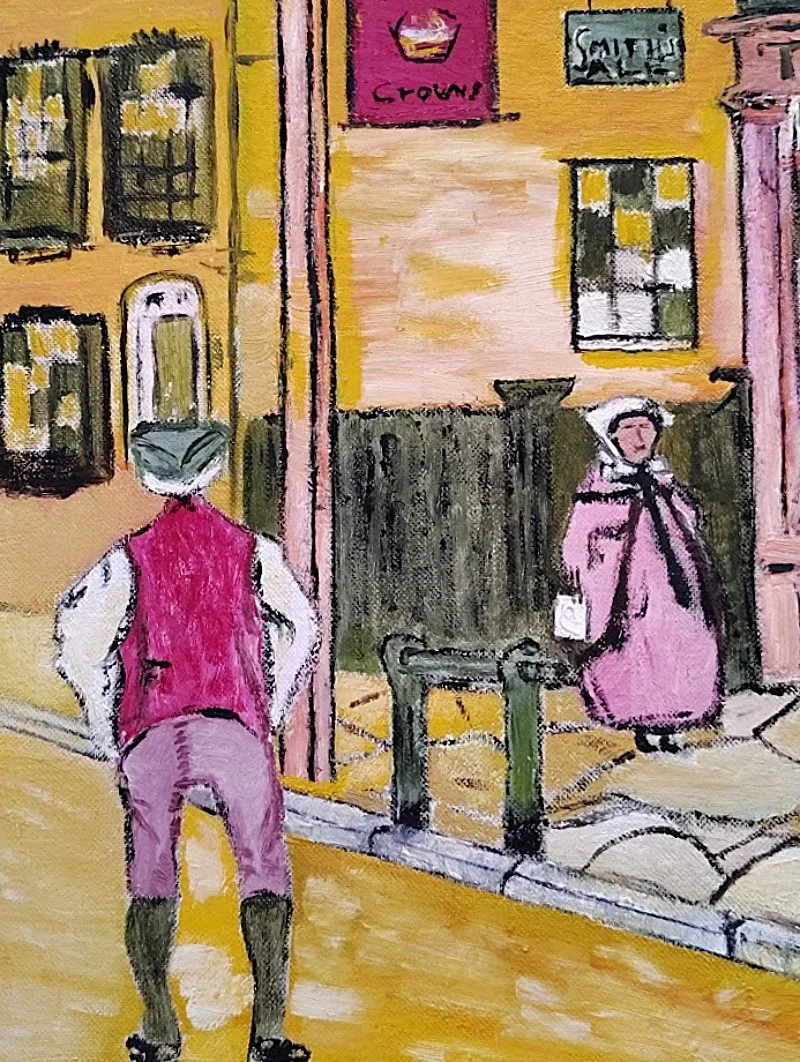 5724-Colonial Village Folk Art Oil Painting-closeup-three crowns-hitching post-800 x 1062.jpg