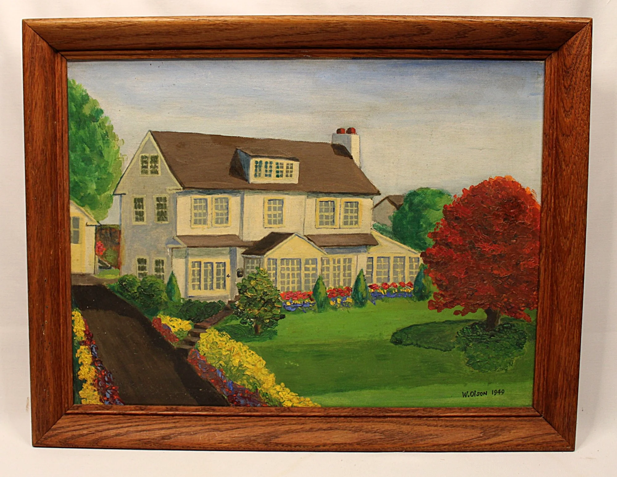Vintage Oil Painting of House and Gardens Framed & Signed Full Front View