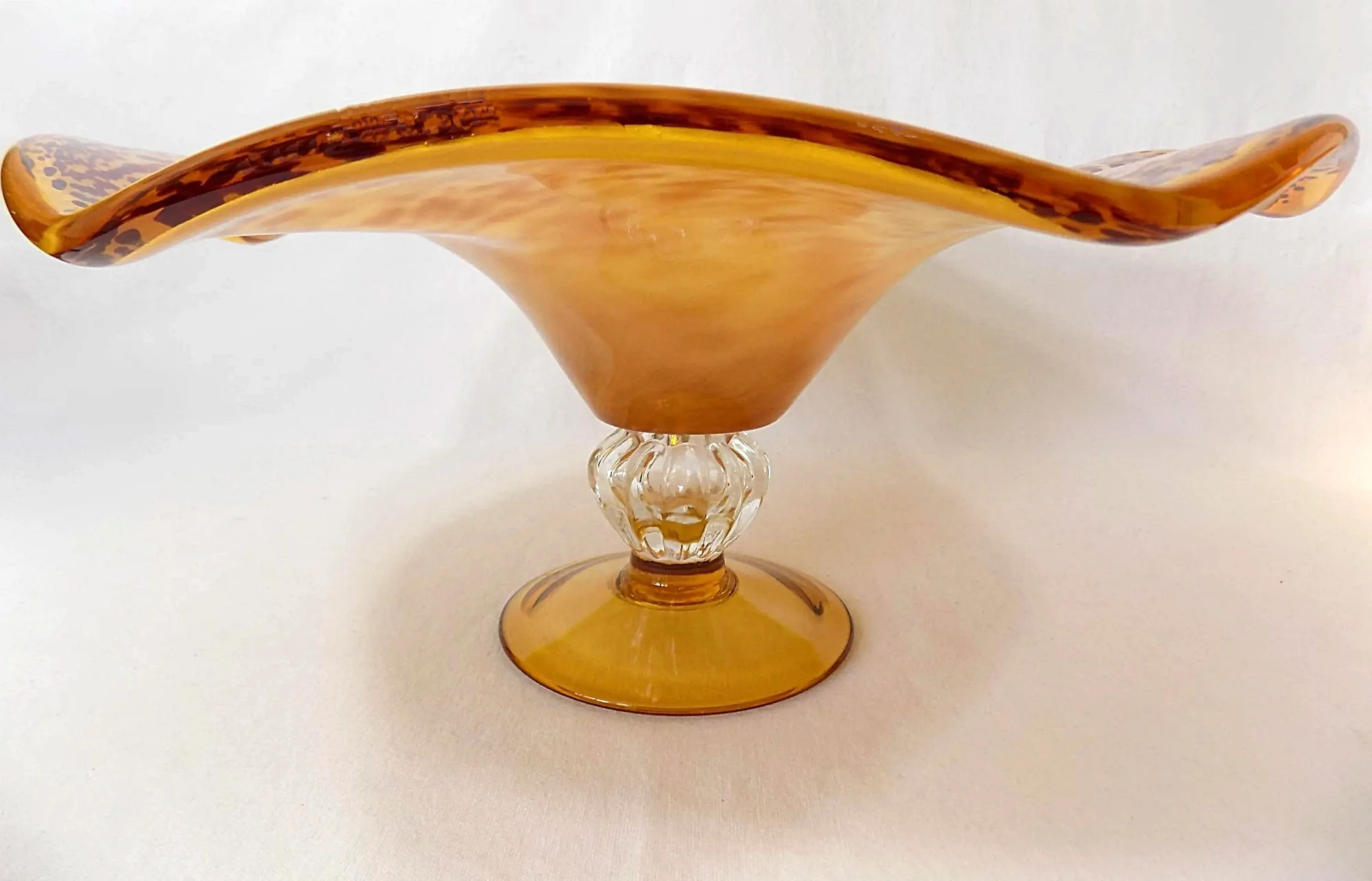 Vintage ITALIAN GLASS Pedestal Bowl Hand Blown Orange Gold and Amber-Stem View-2000 x 1285.jpg