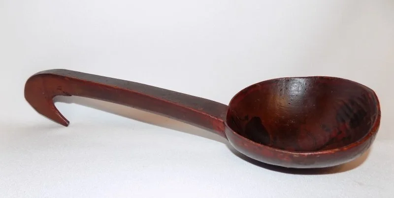 Antique Hand Carved Wooden Ladle - Bird Head Effigy Handle - Painted Designs full side view-ff-800 x 402.jpg
