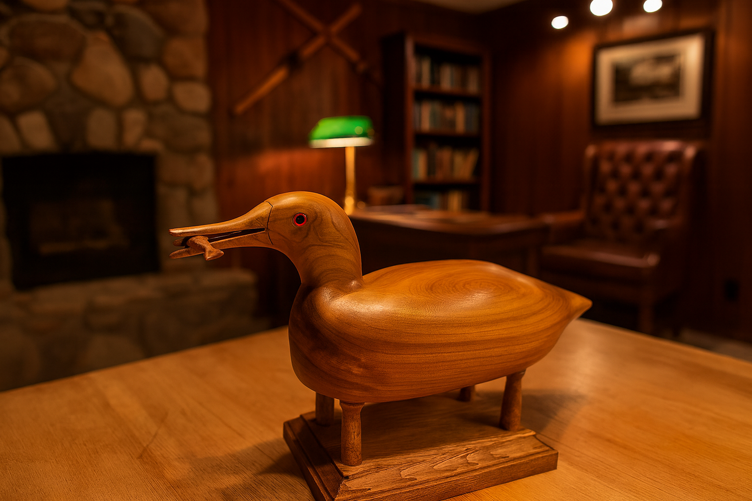 BILL COLEMAN Carved Wooden Loon Decoy with Fish-Copilot-.png