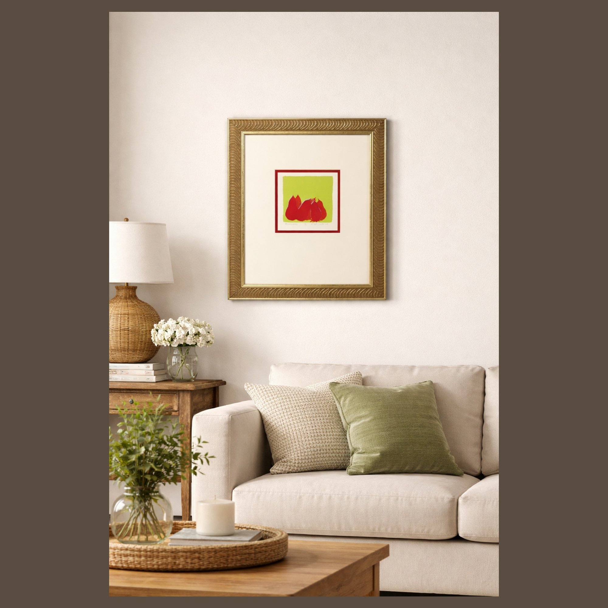 ChatGPT Image-candace-primack-pink-pears-framed-livingroom -wall