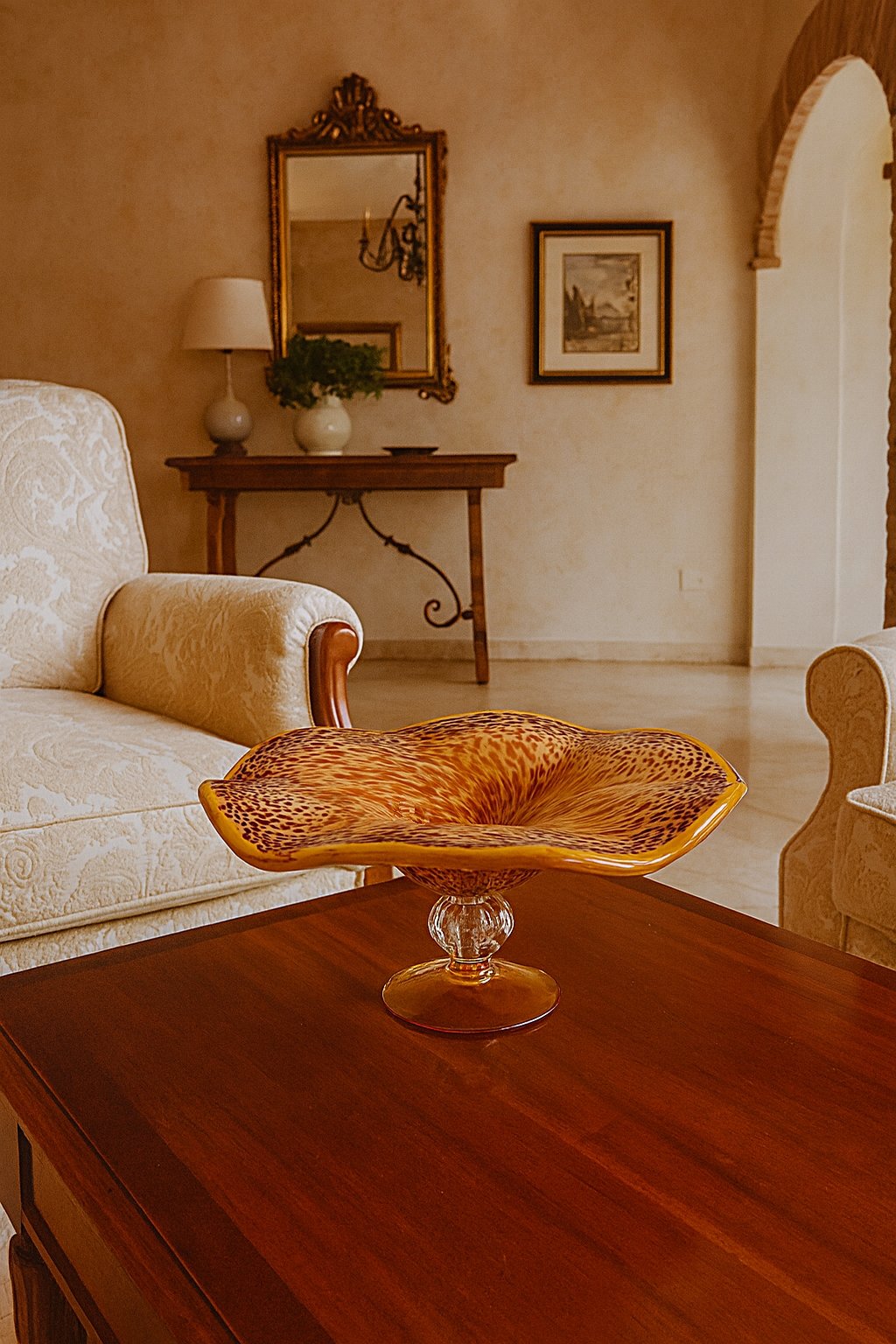 Vintage ITALIAN GLASS Pedestal Bowl Hand Blown Orange Gold and Amber-Full View-on Table-Living room-1024 x 1536.jpg